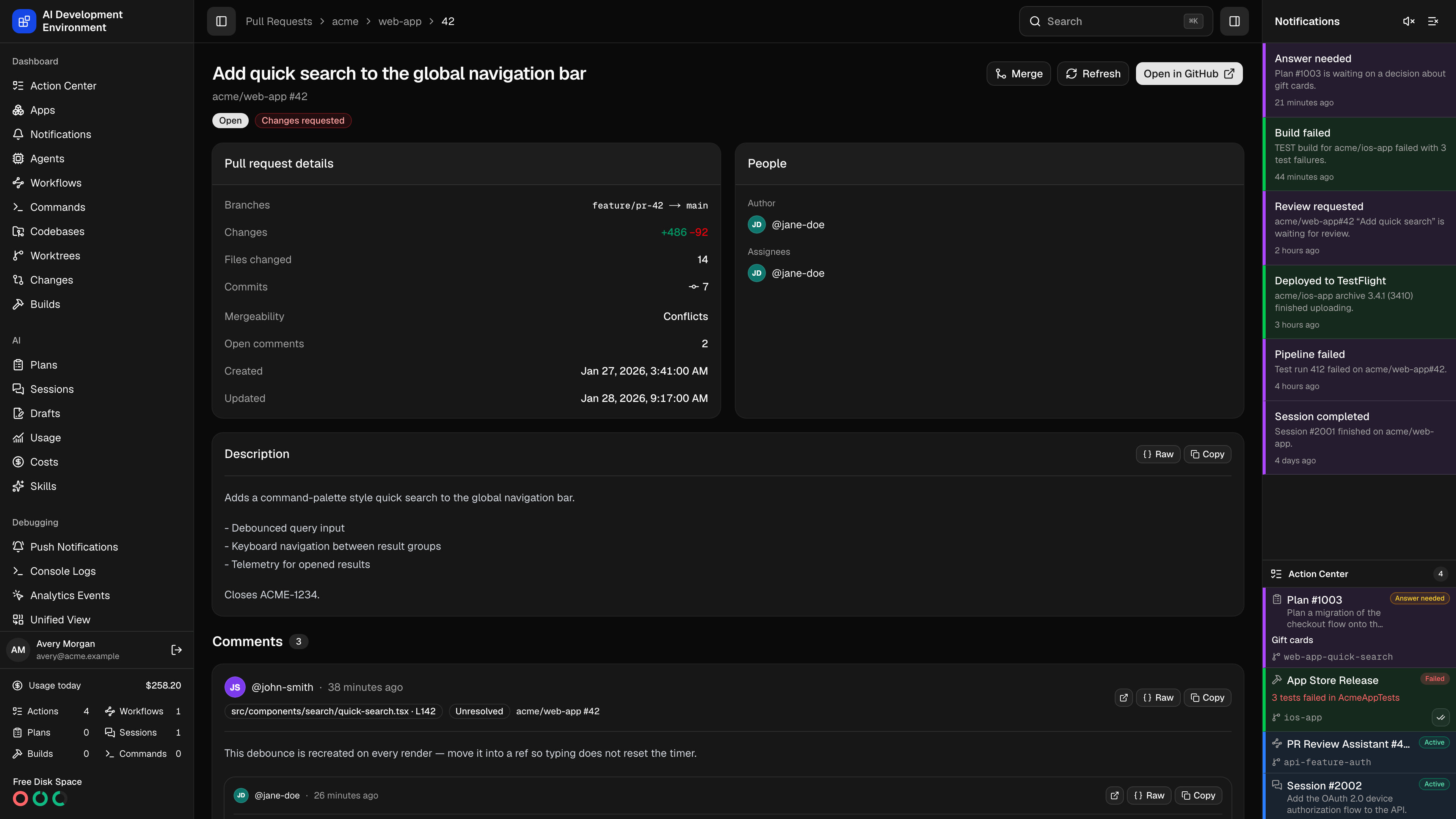 Pull request details page in dark theme