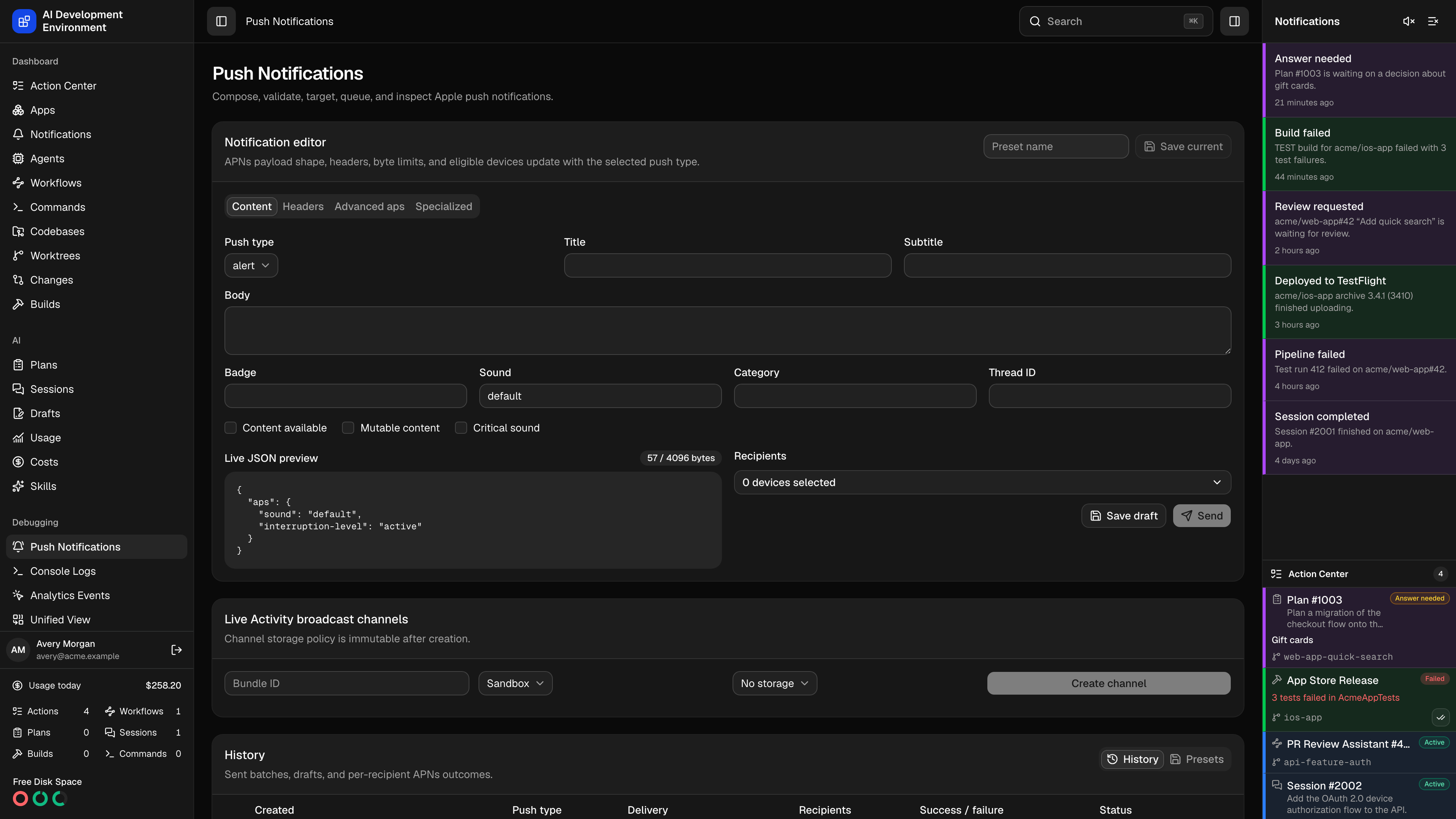 Push Notifications page in dark theme