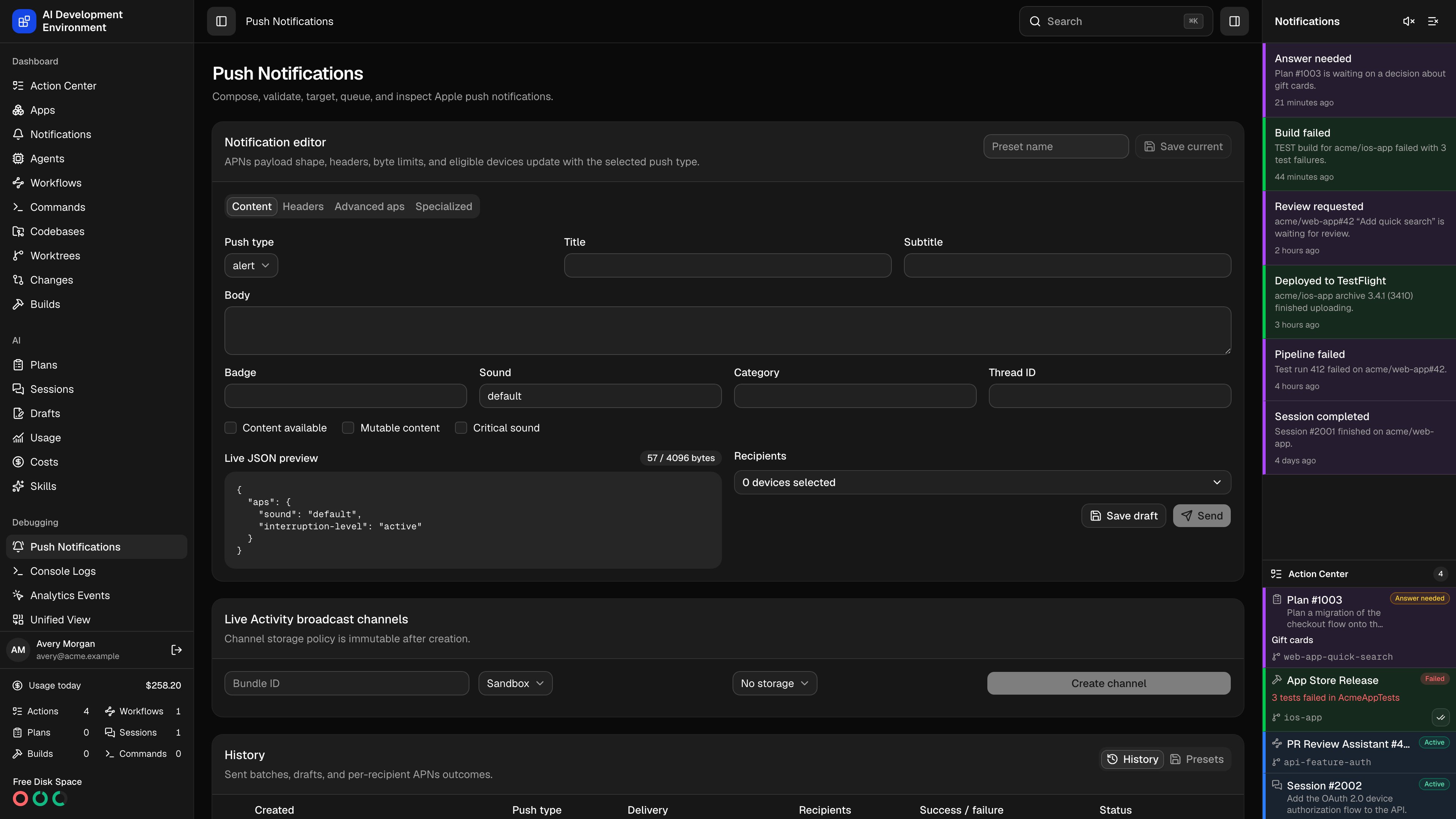 Push Notifications page in dark theme