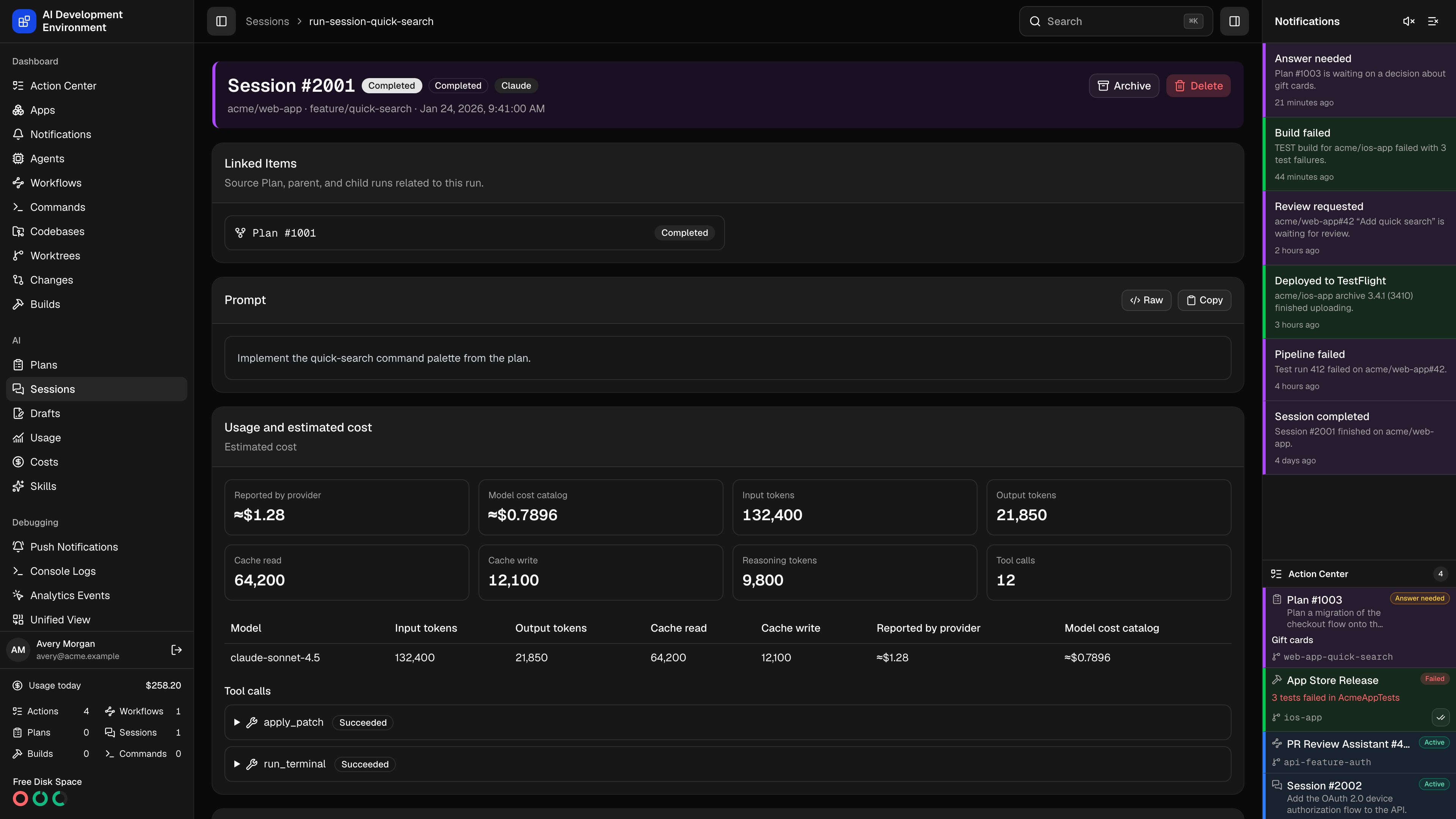 Session details in dark theme