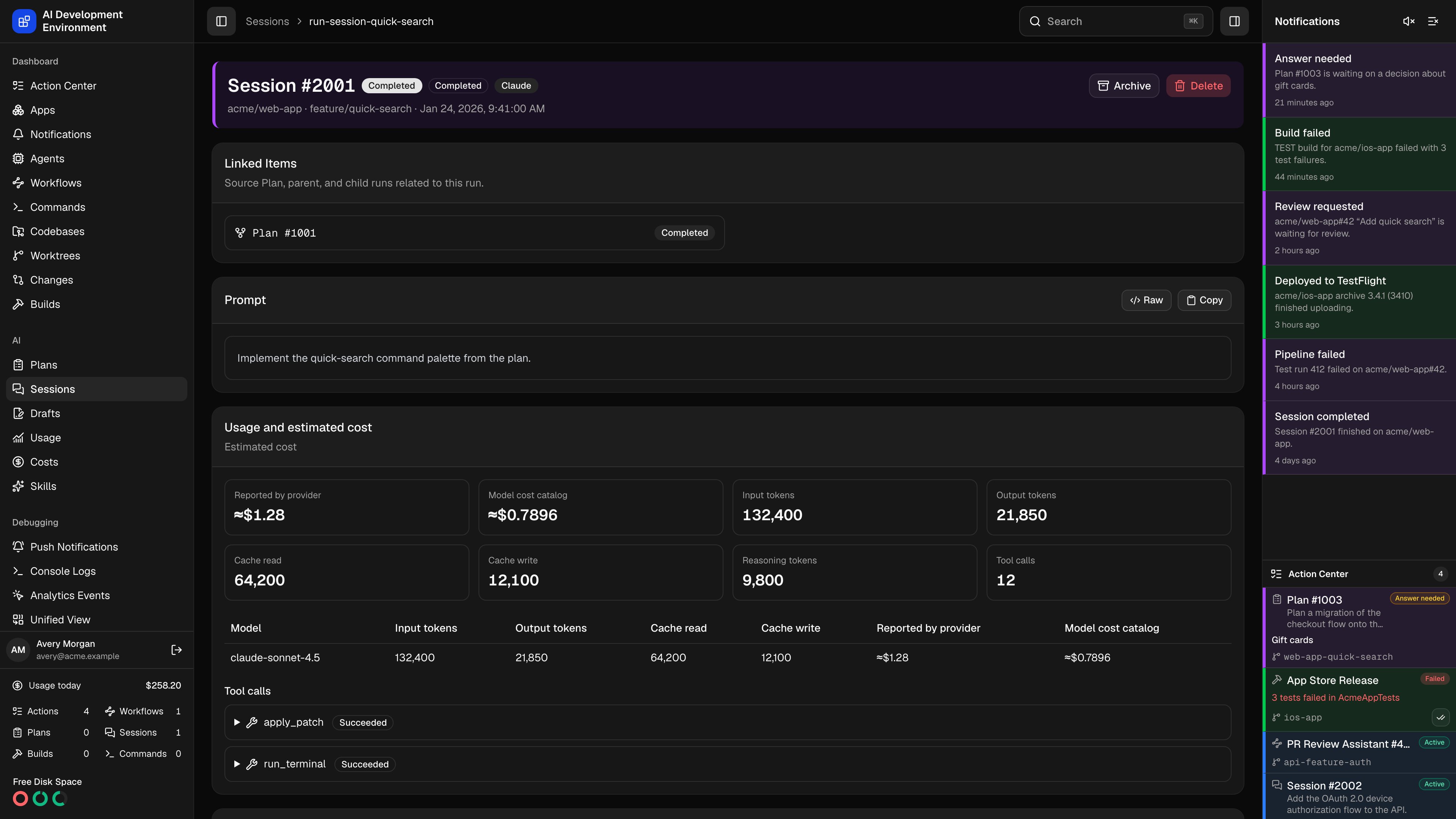 Session details in dark theme