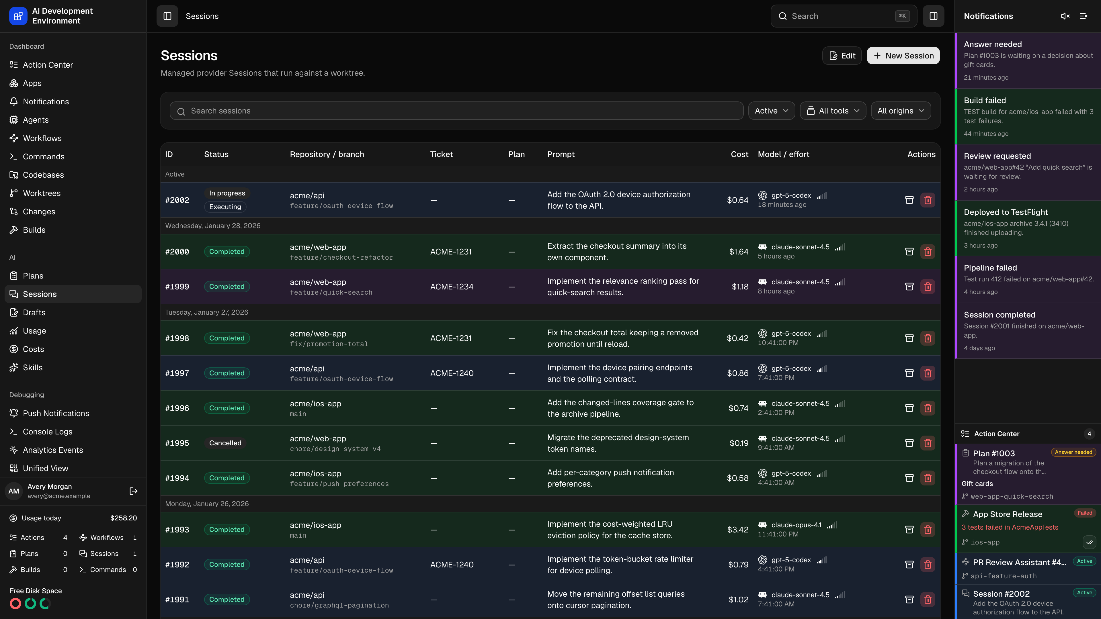 Sessions in dark theme