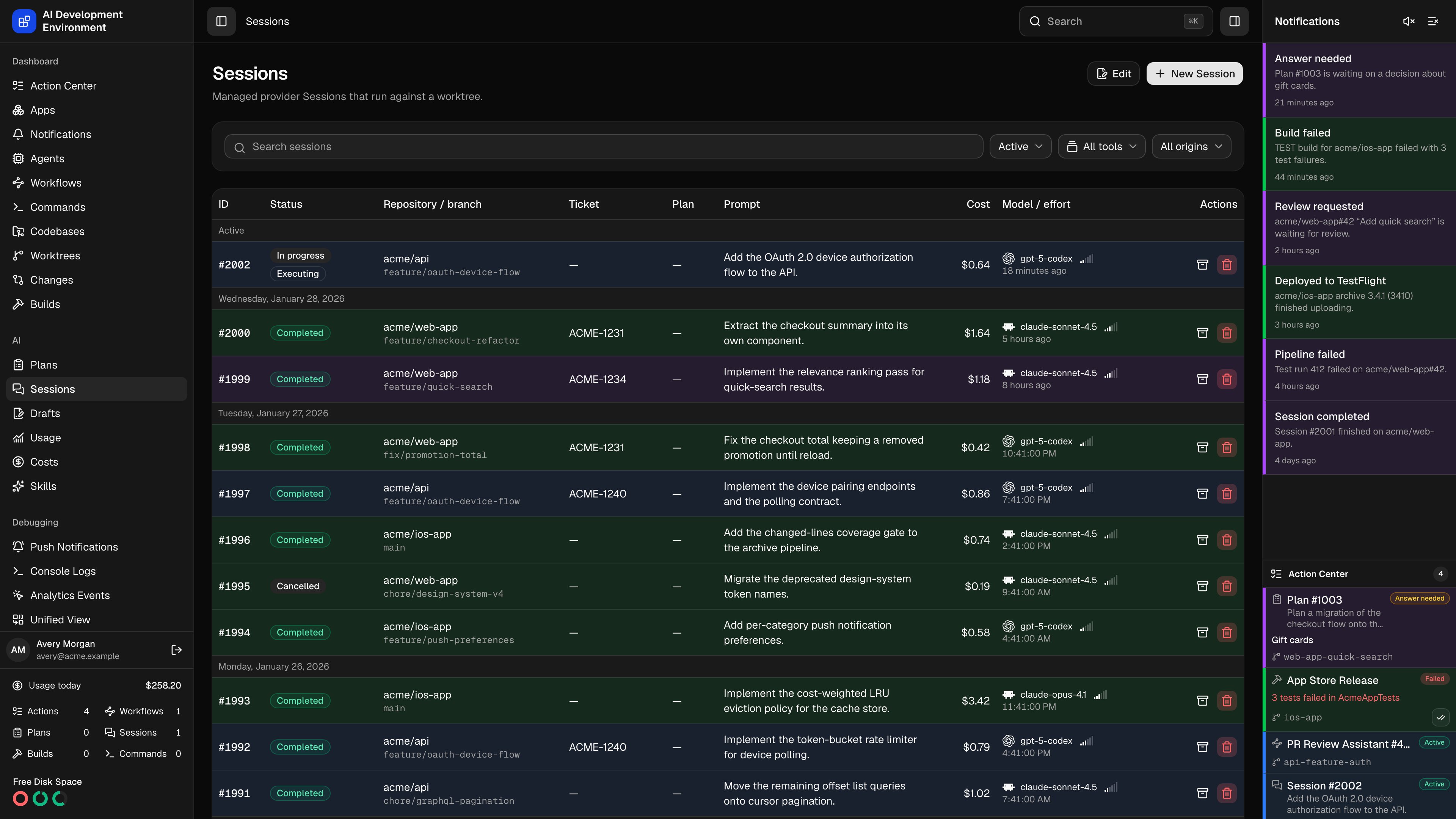 Sessions in dark theme