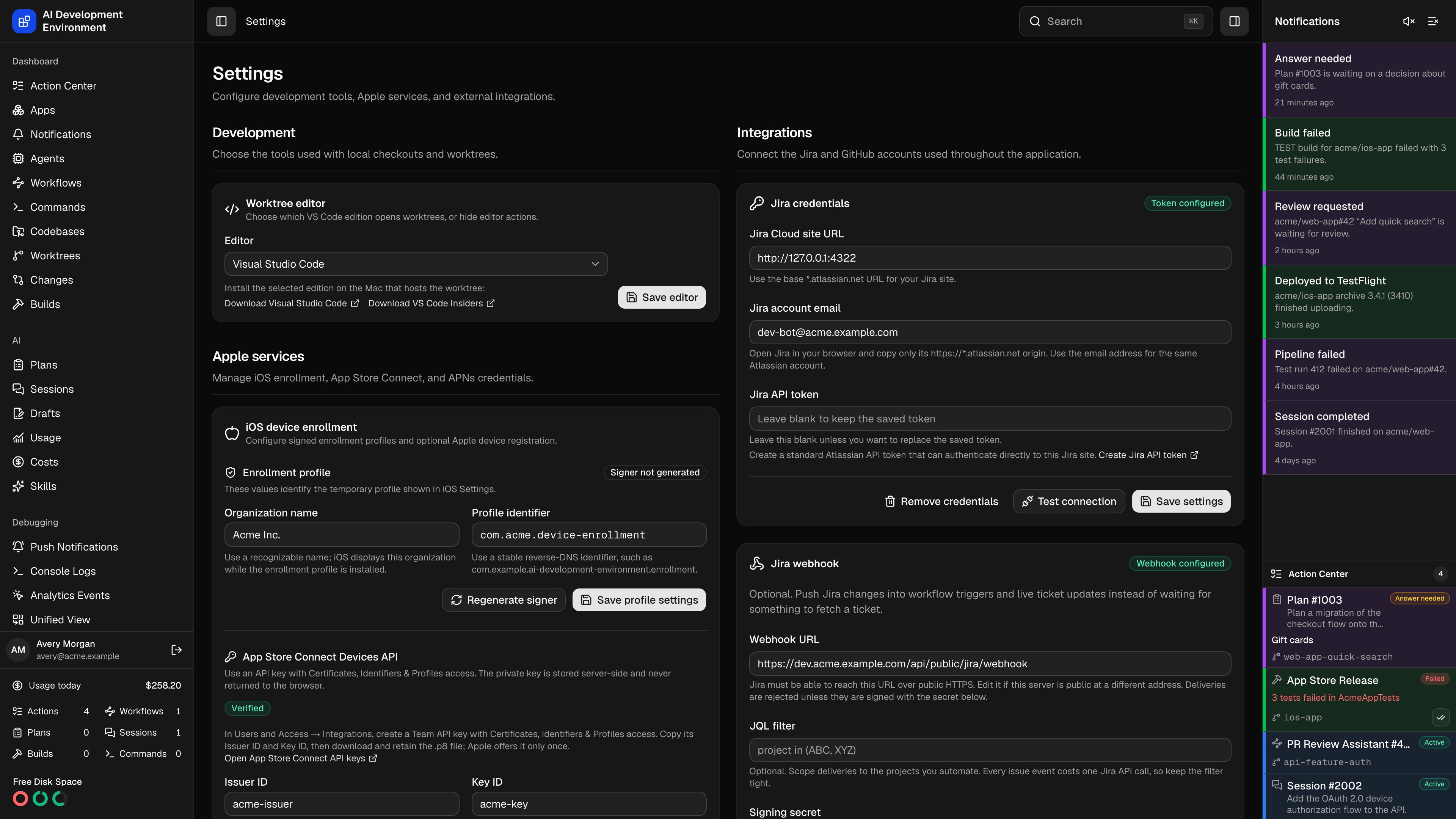 Settings page in dark theme