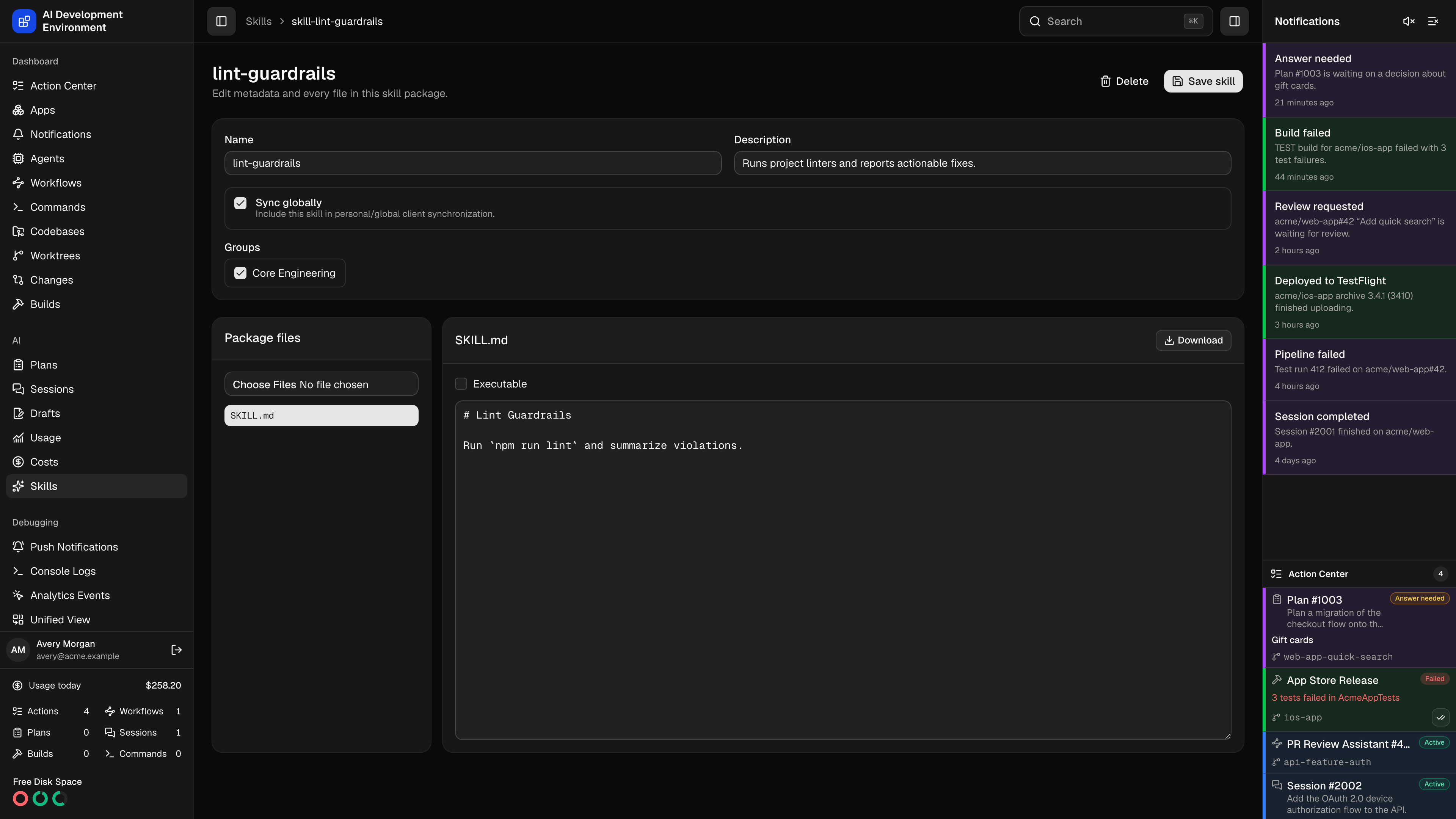 Skill editor in dark theme