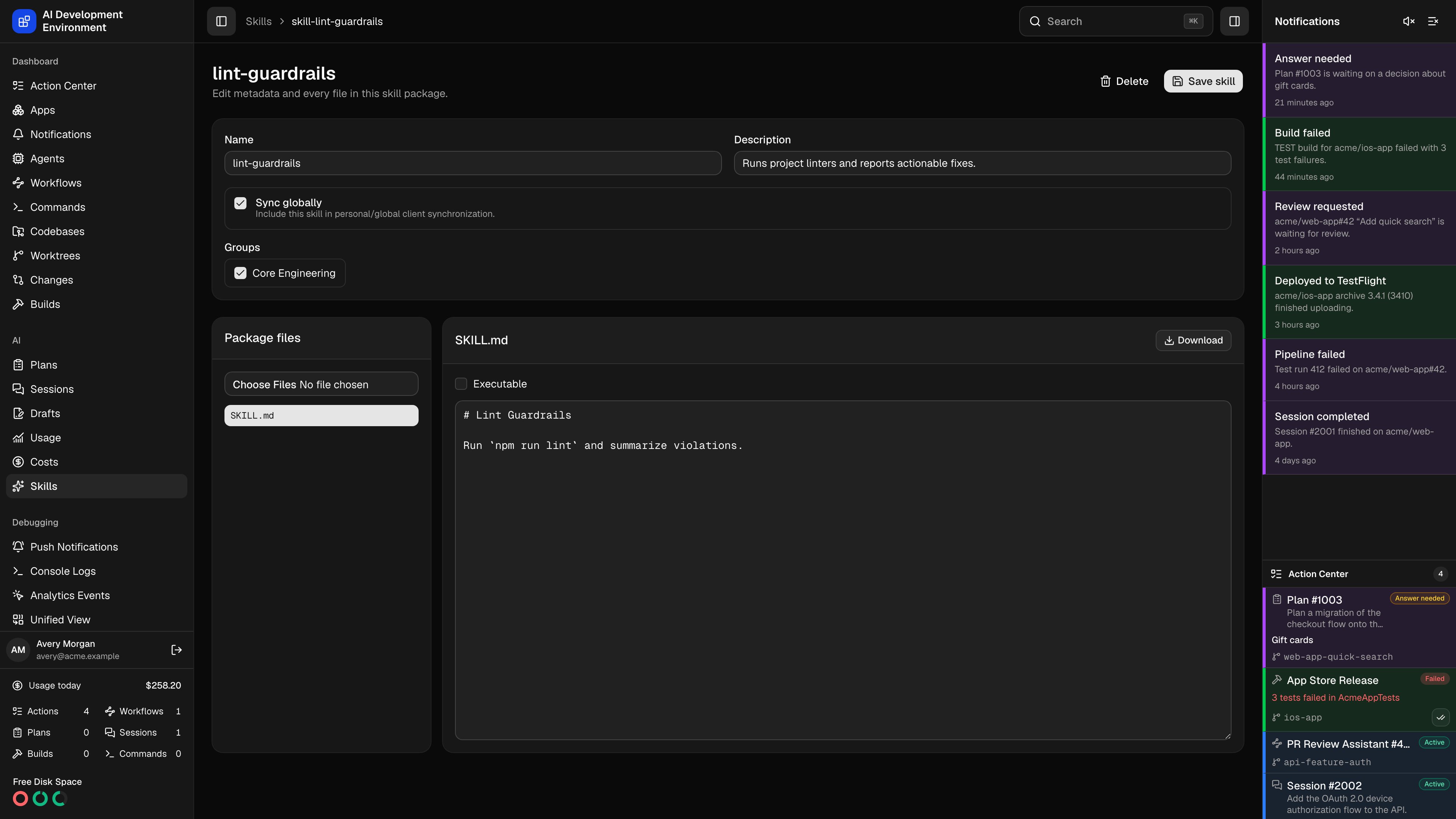 Skill editor in dark theme