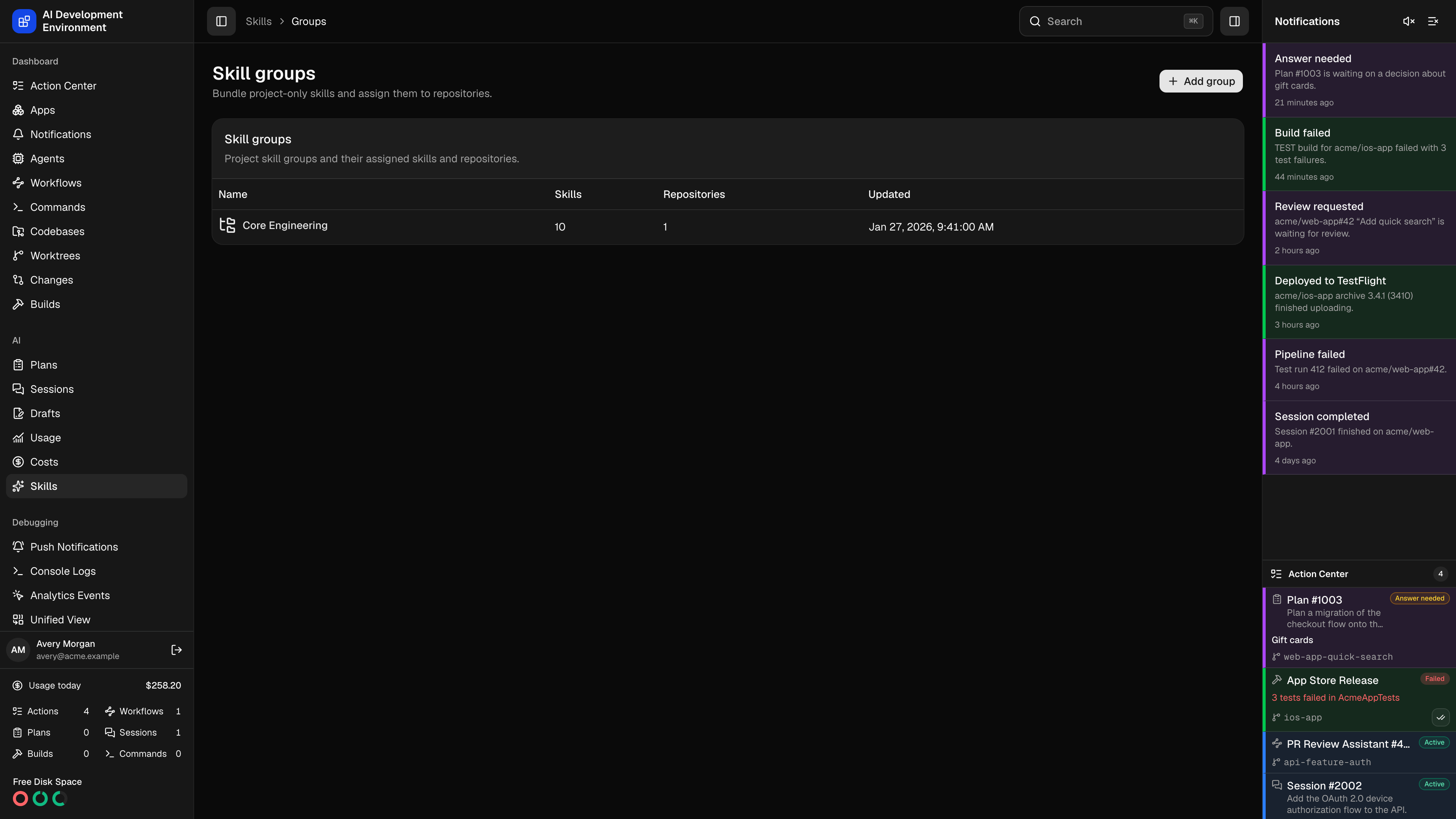 Skill groups in dark theme