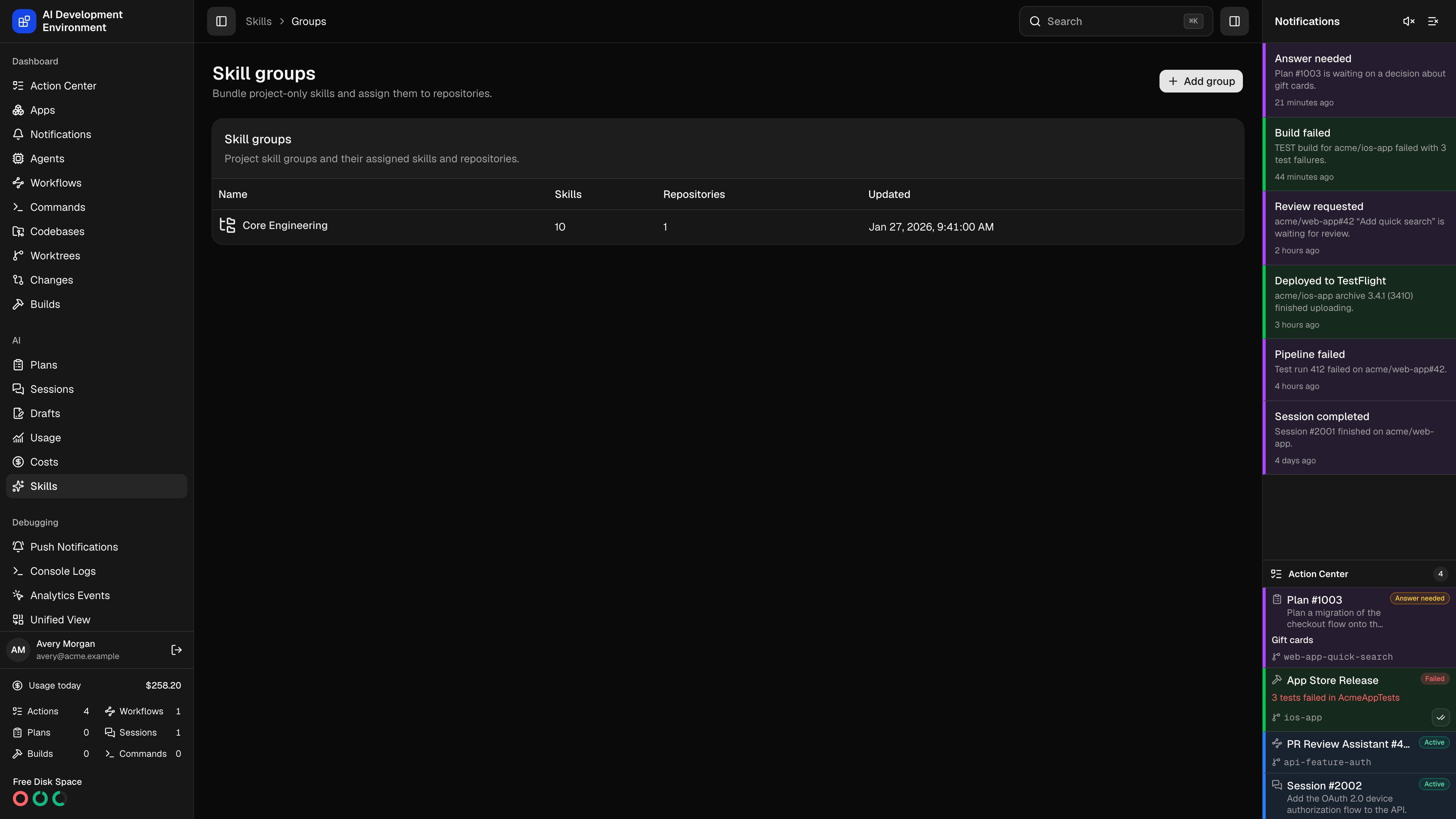 Skill groups in dark theme