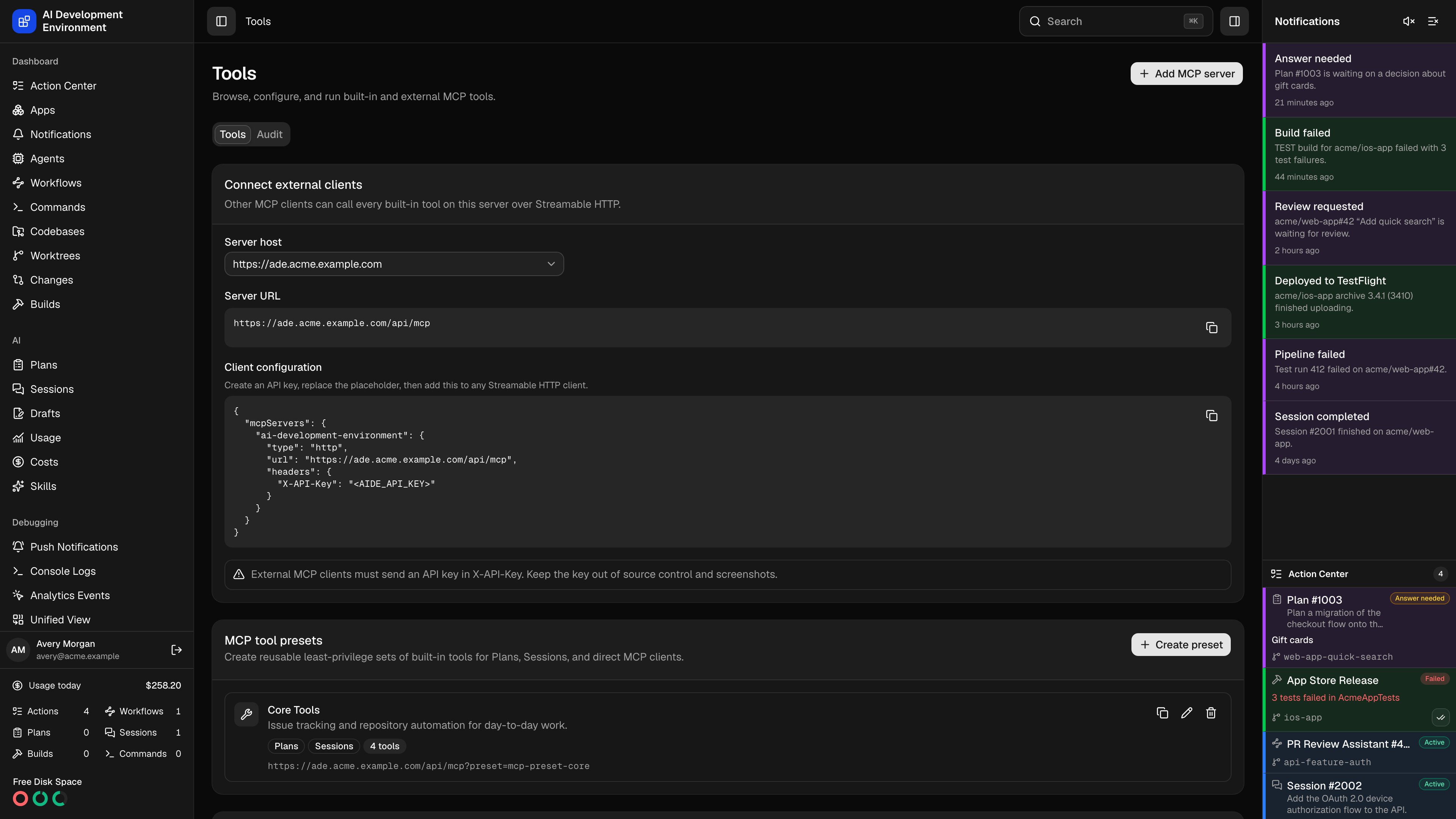 Tools page in dark theme