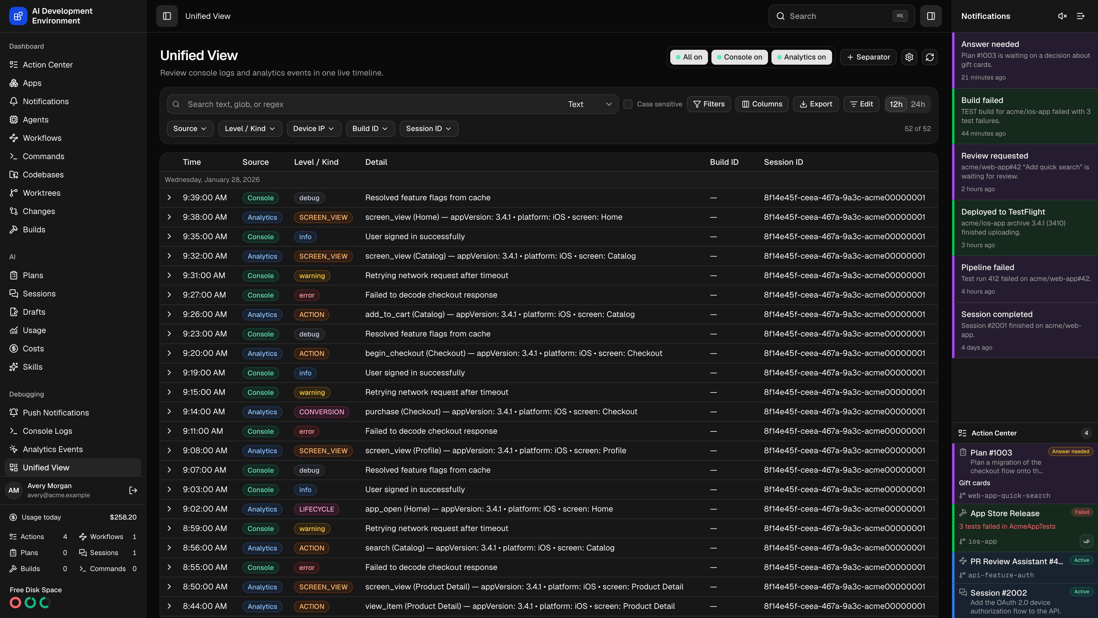 Unified View page in dark theme