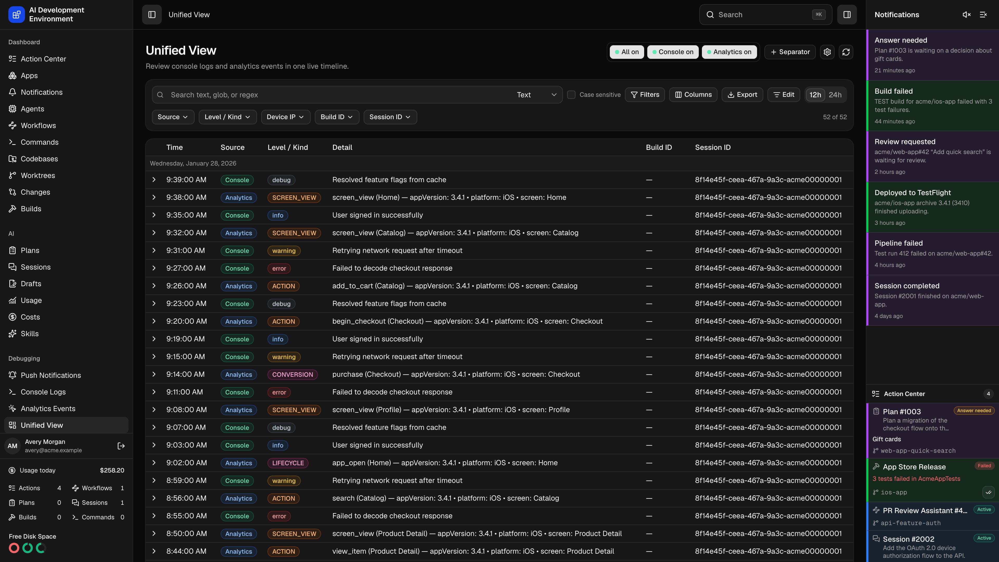 Unified View page in dark theme