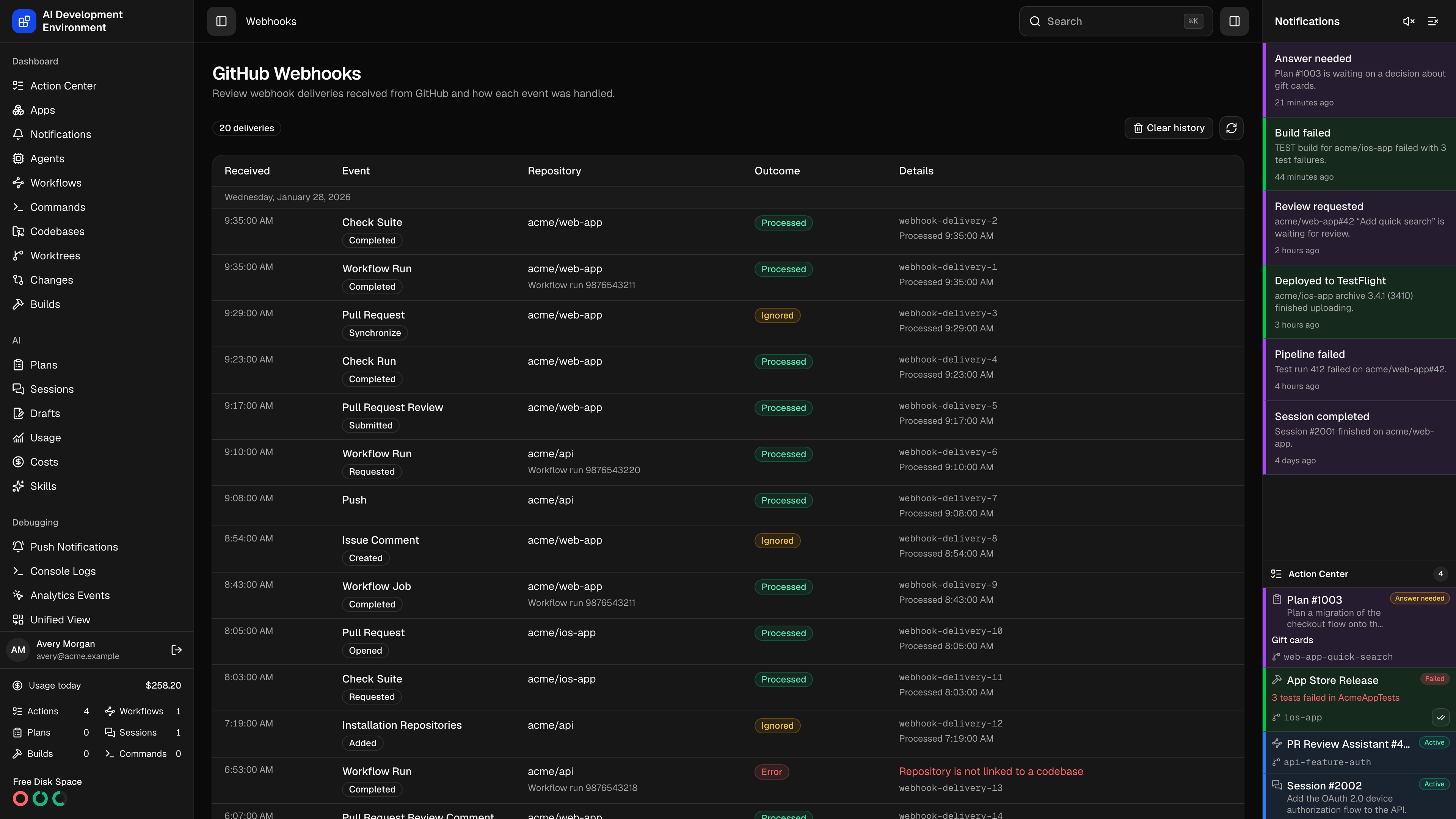 GitHub Webhooks page in dark theme