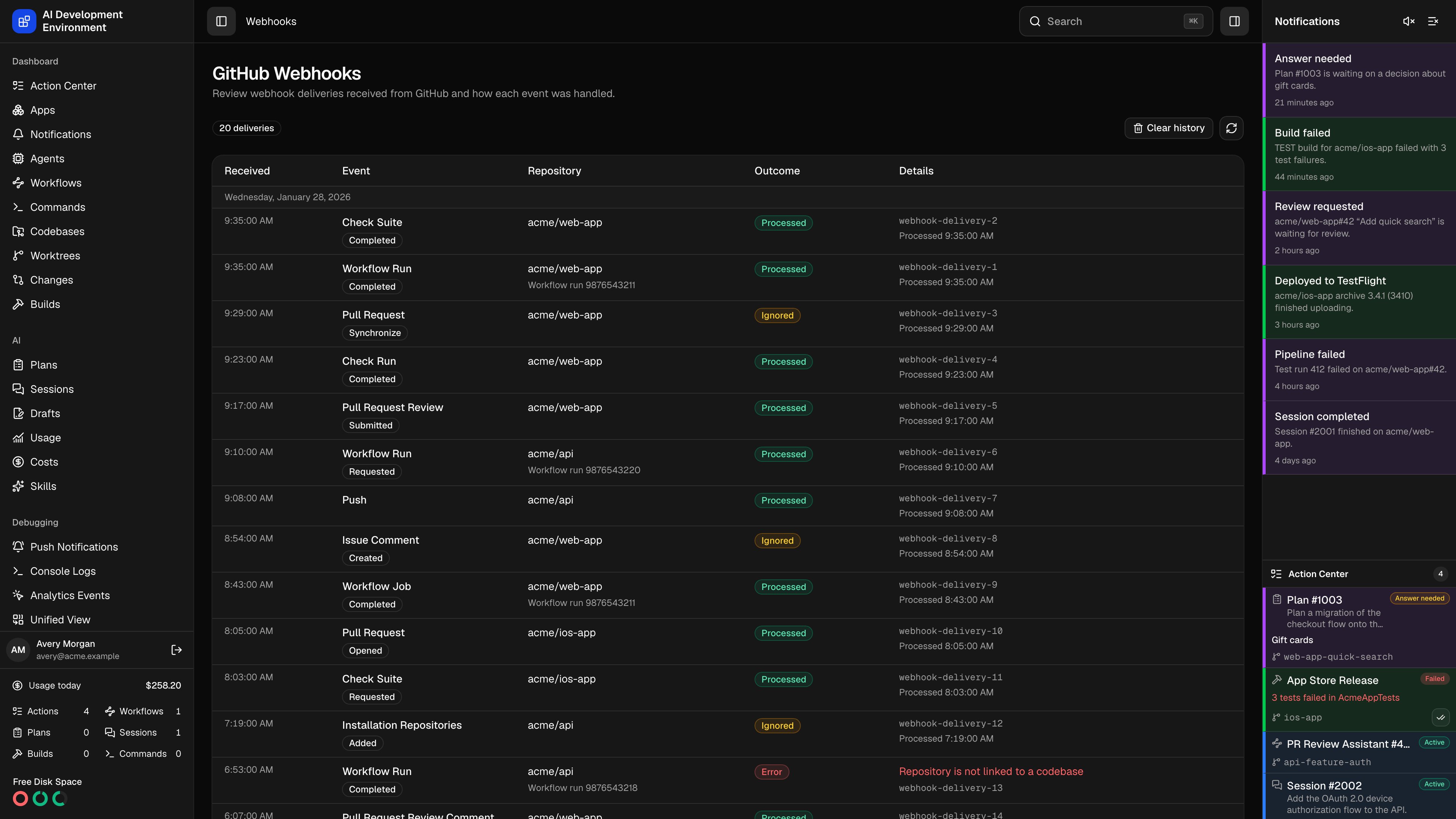 GitHub Webhooks page in dark theme