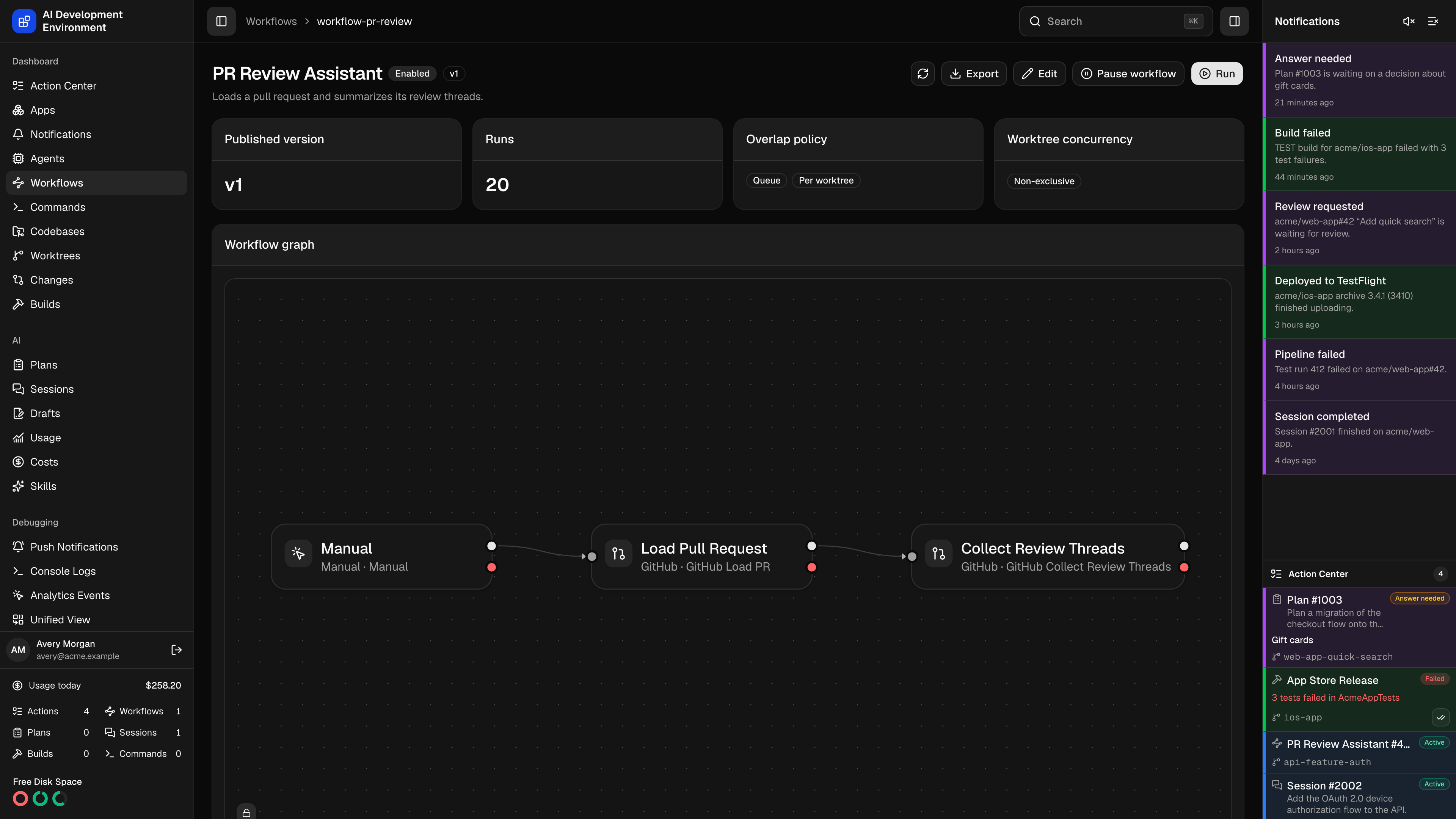 Workflow details in dark theme