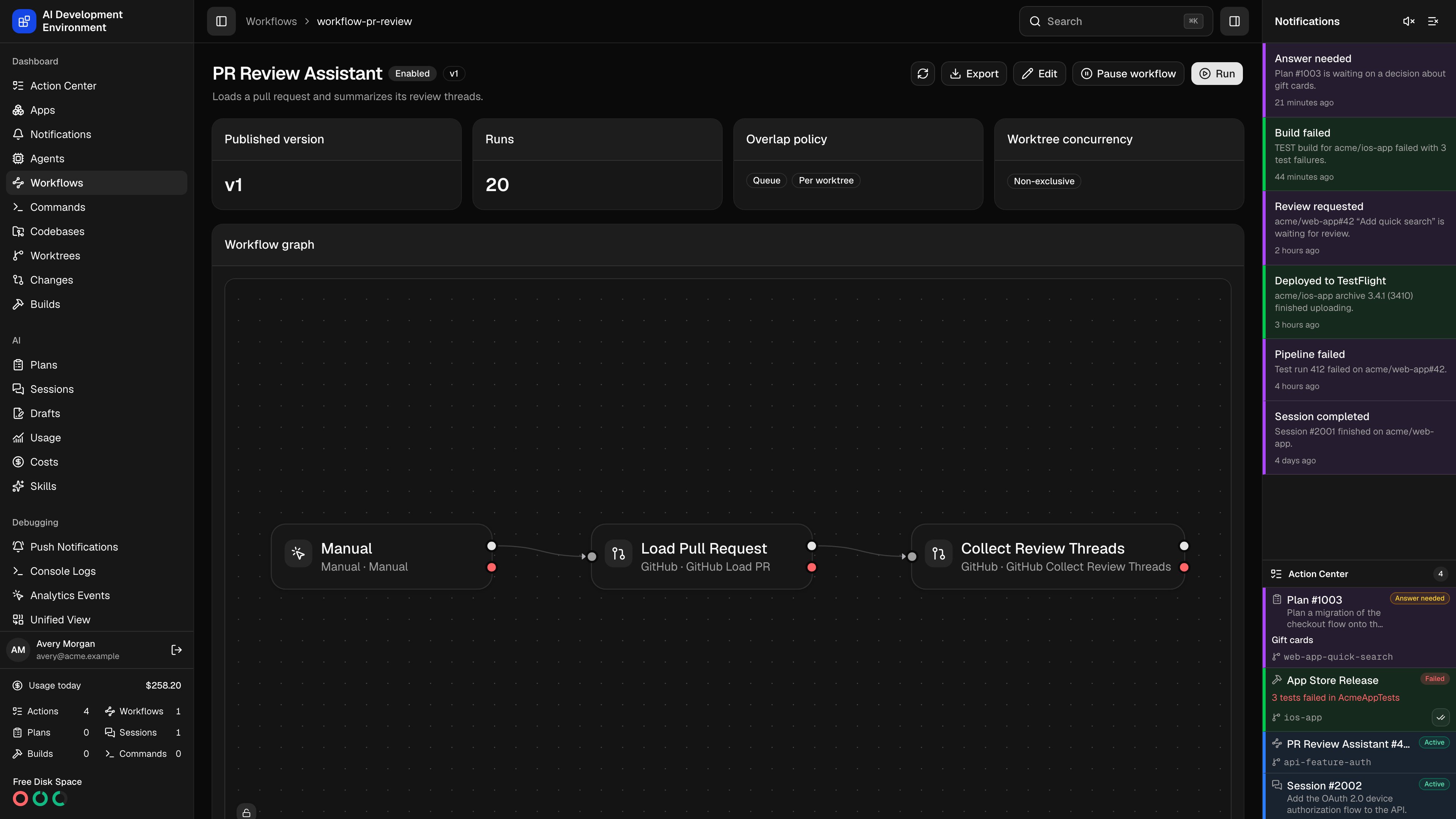 Workflow details in dark theme