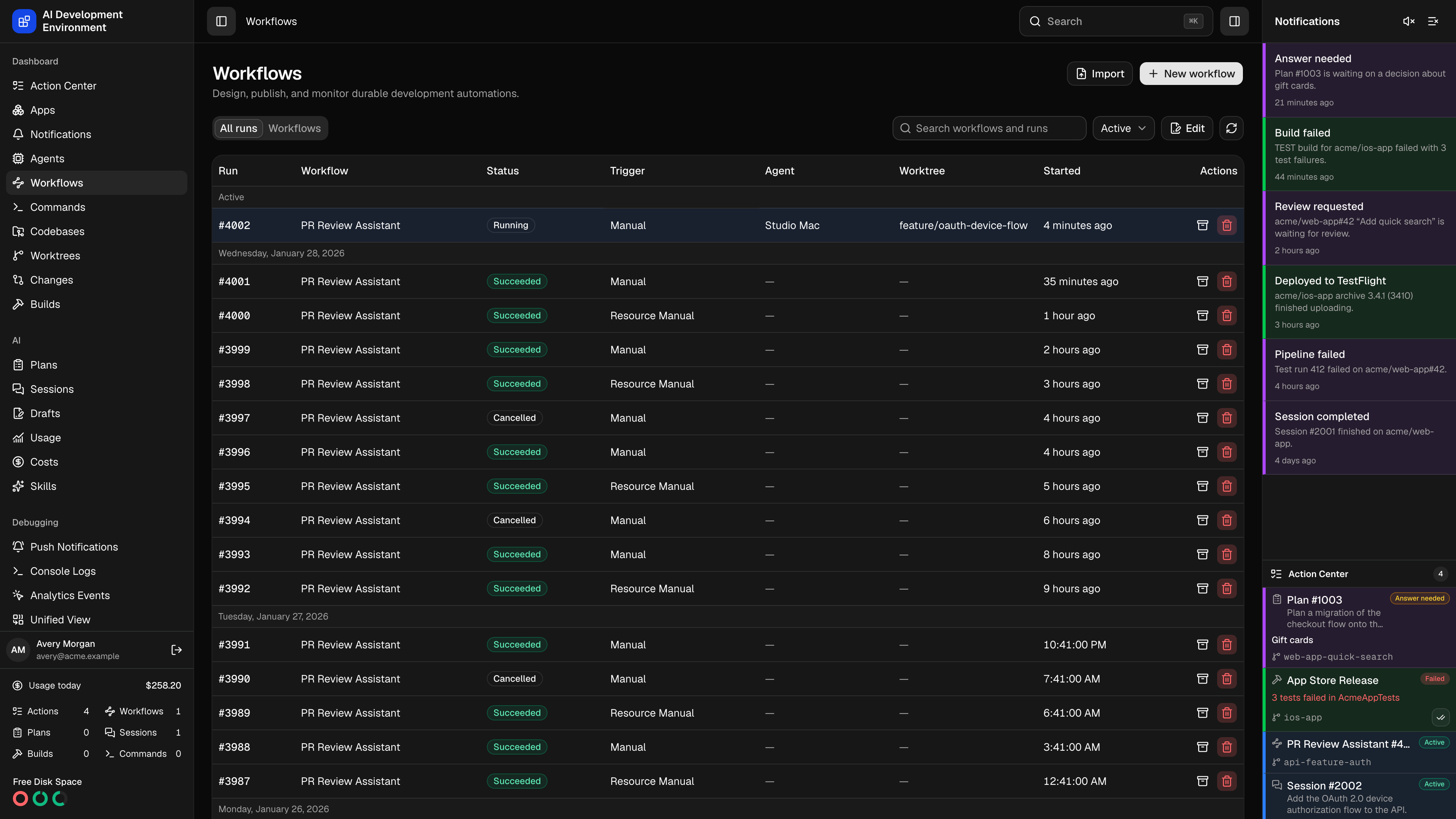 Workflows in dark theme