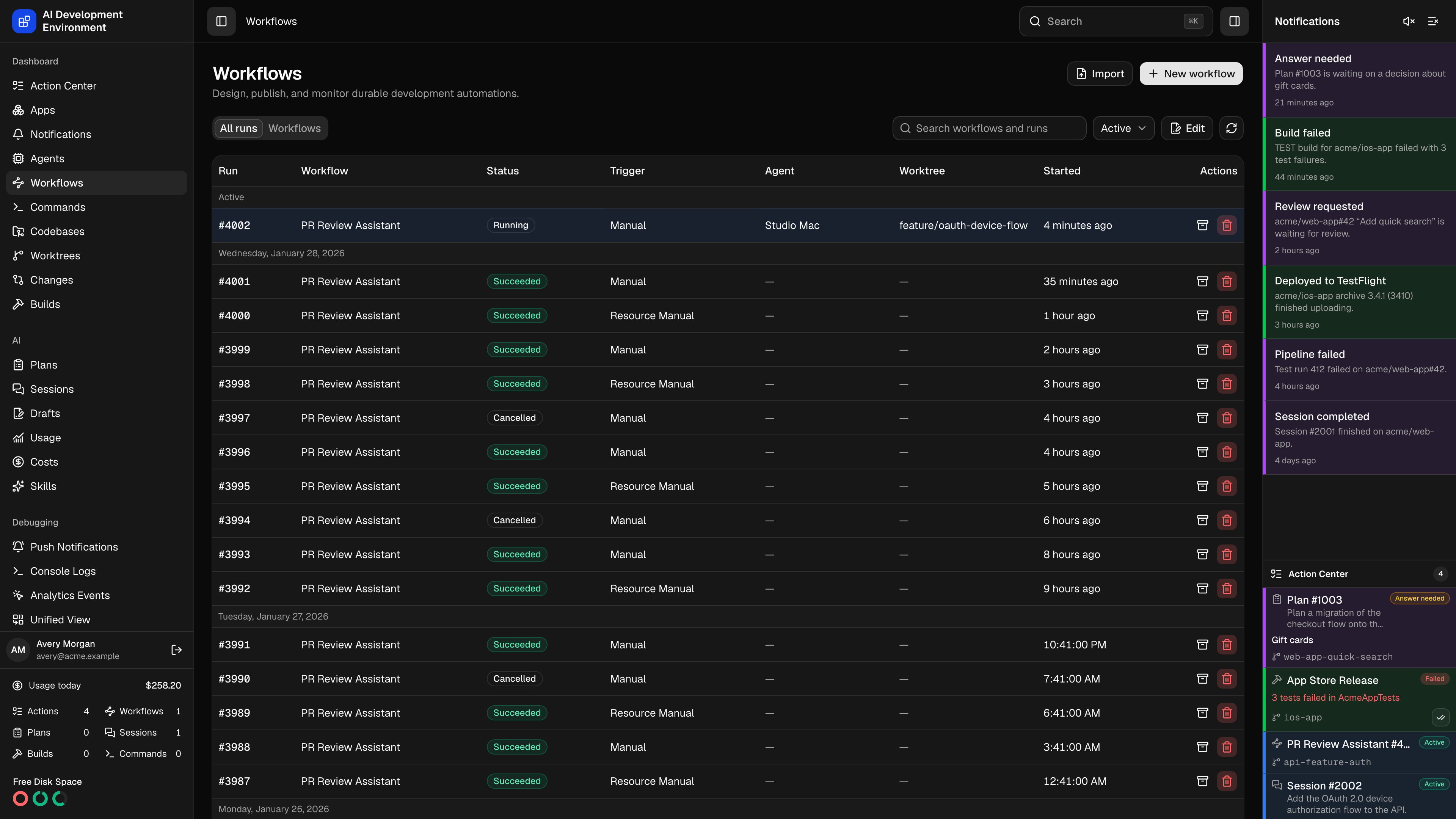 Workflows in dark theme
