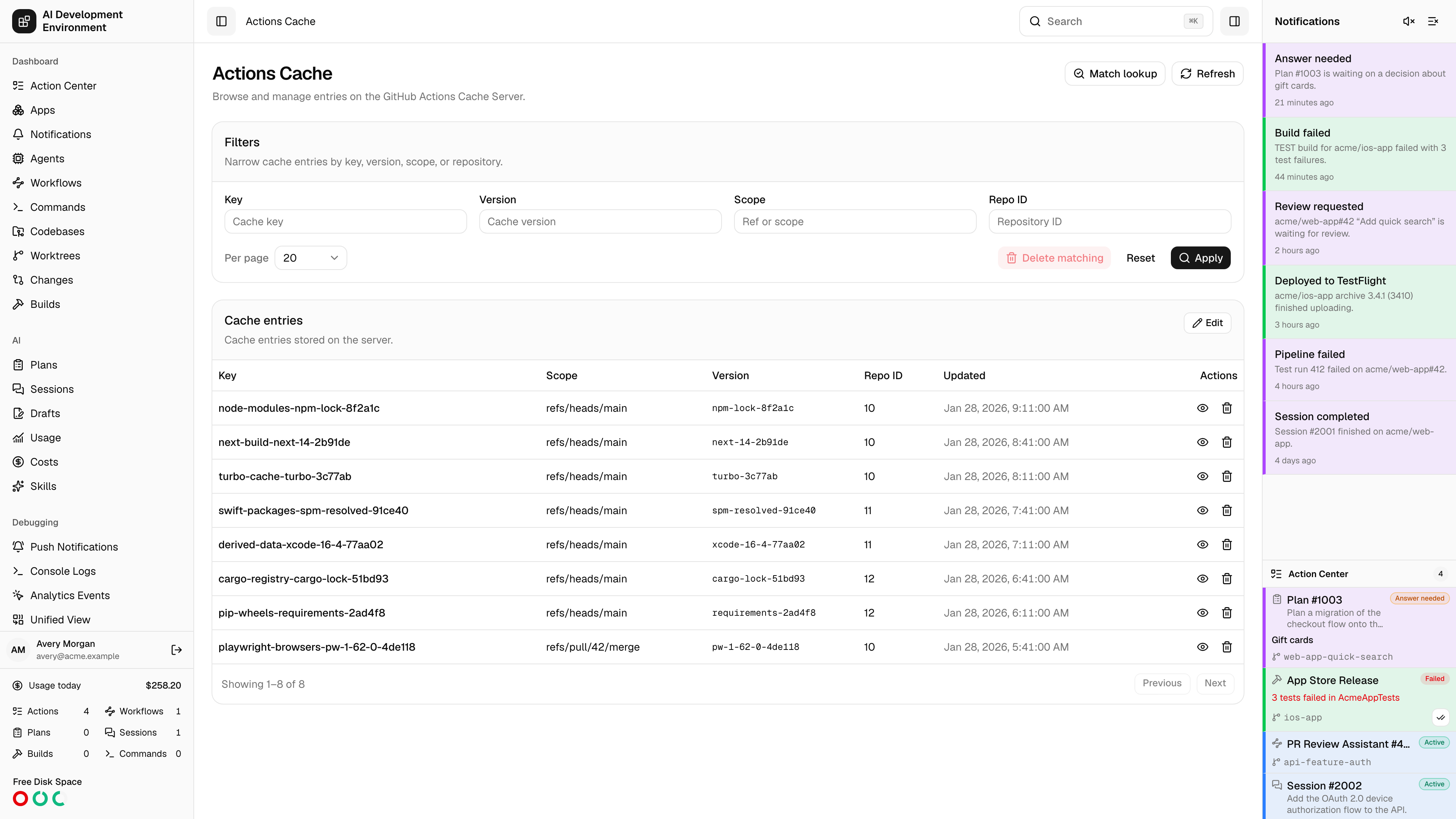 Actions Cache page in light theme