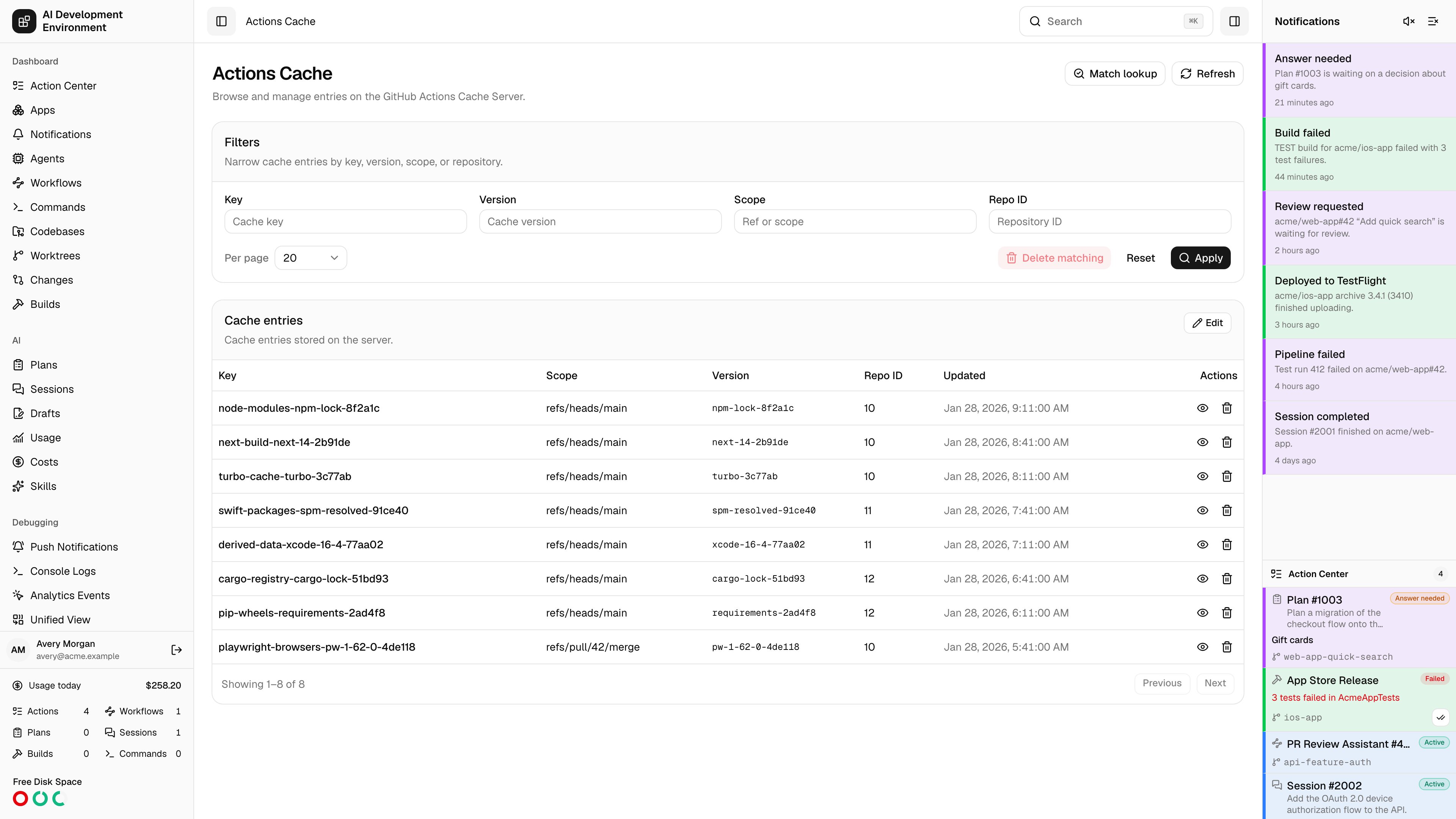 Actions Cache page in light theme