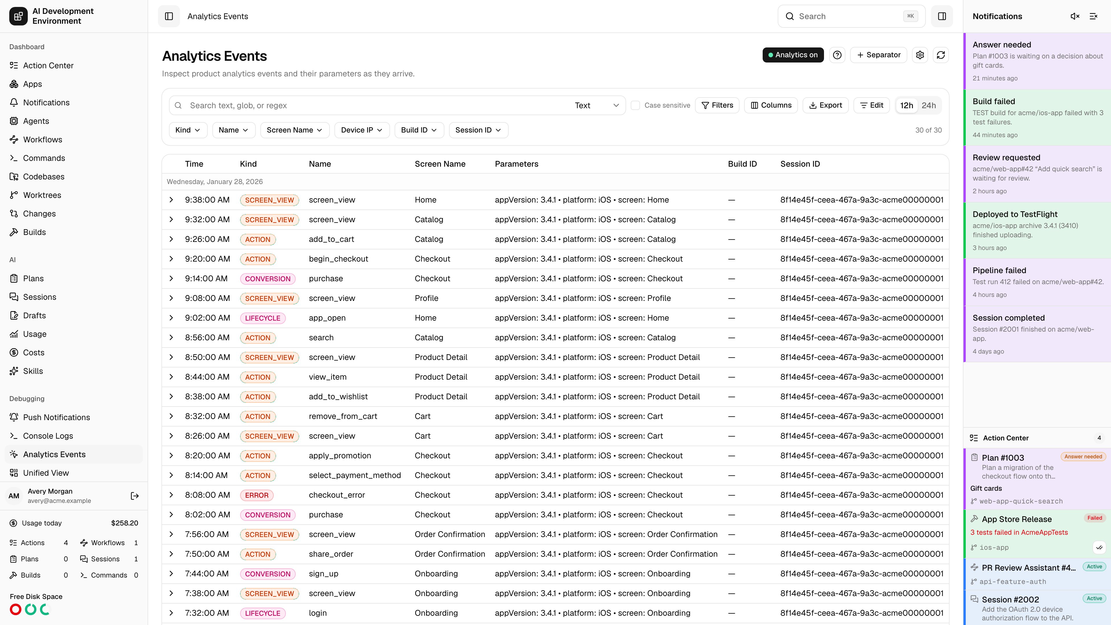 Analytics Events page in light theme