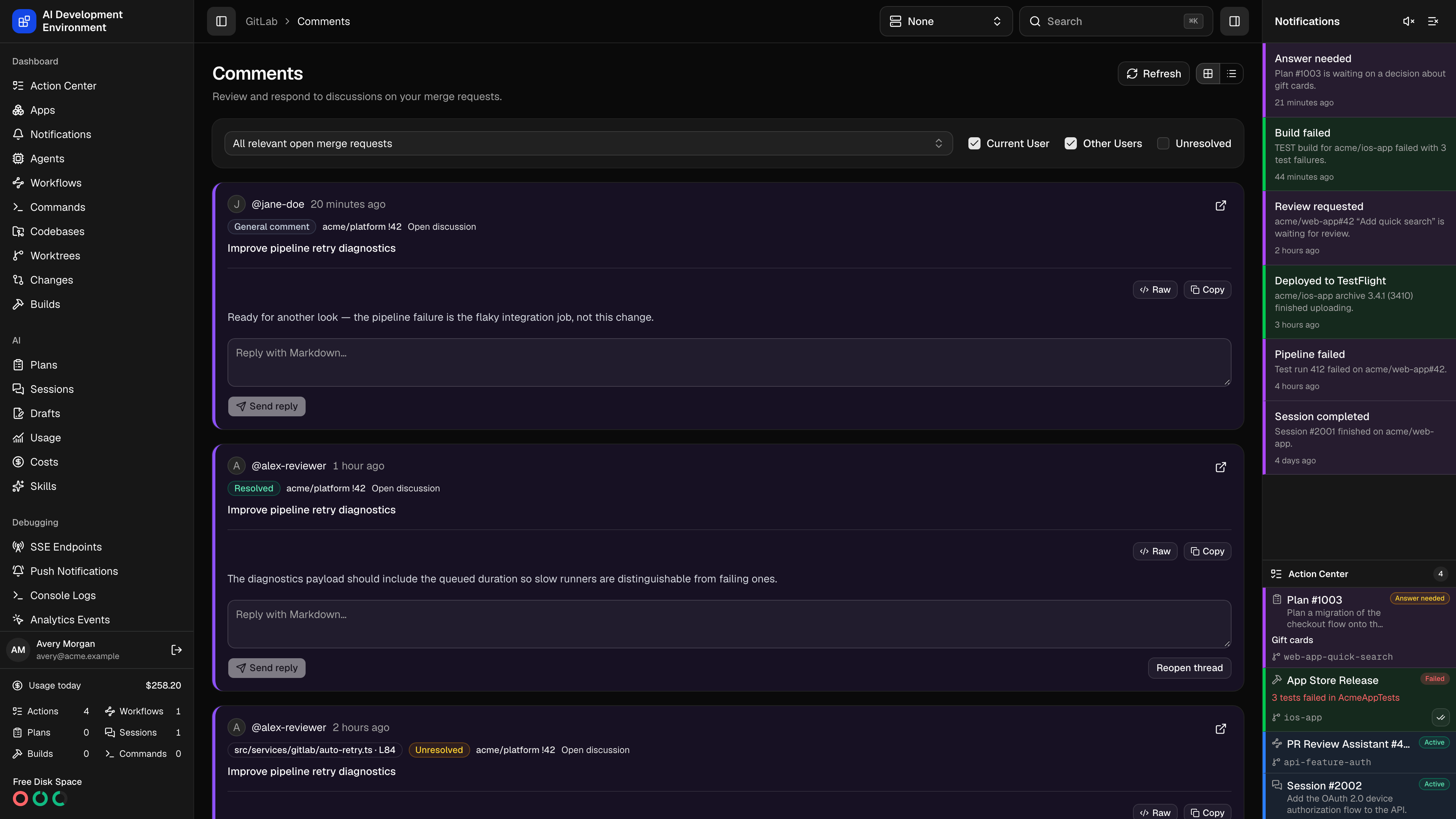 GitLab Comments page in dark theme