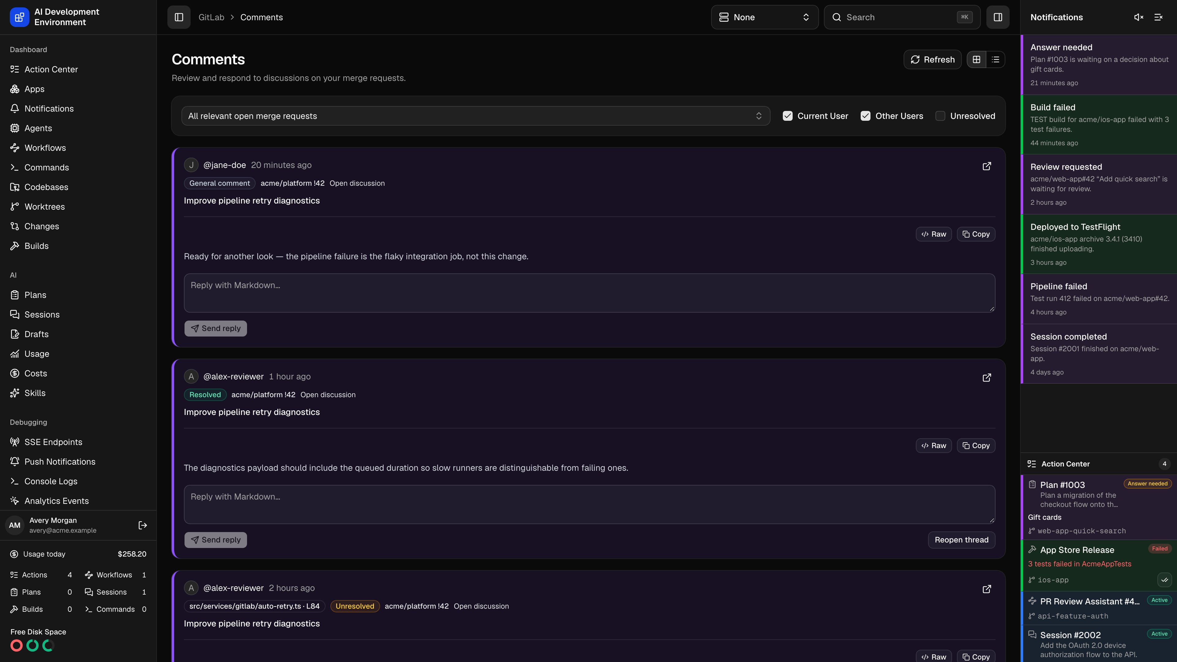 GitLab Comments page in dark theme