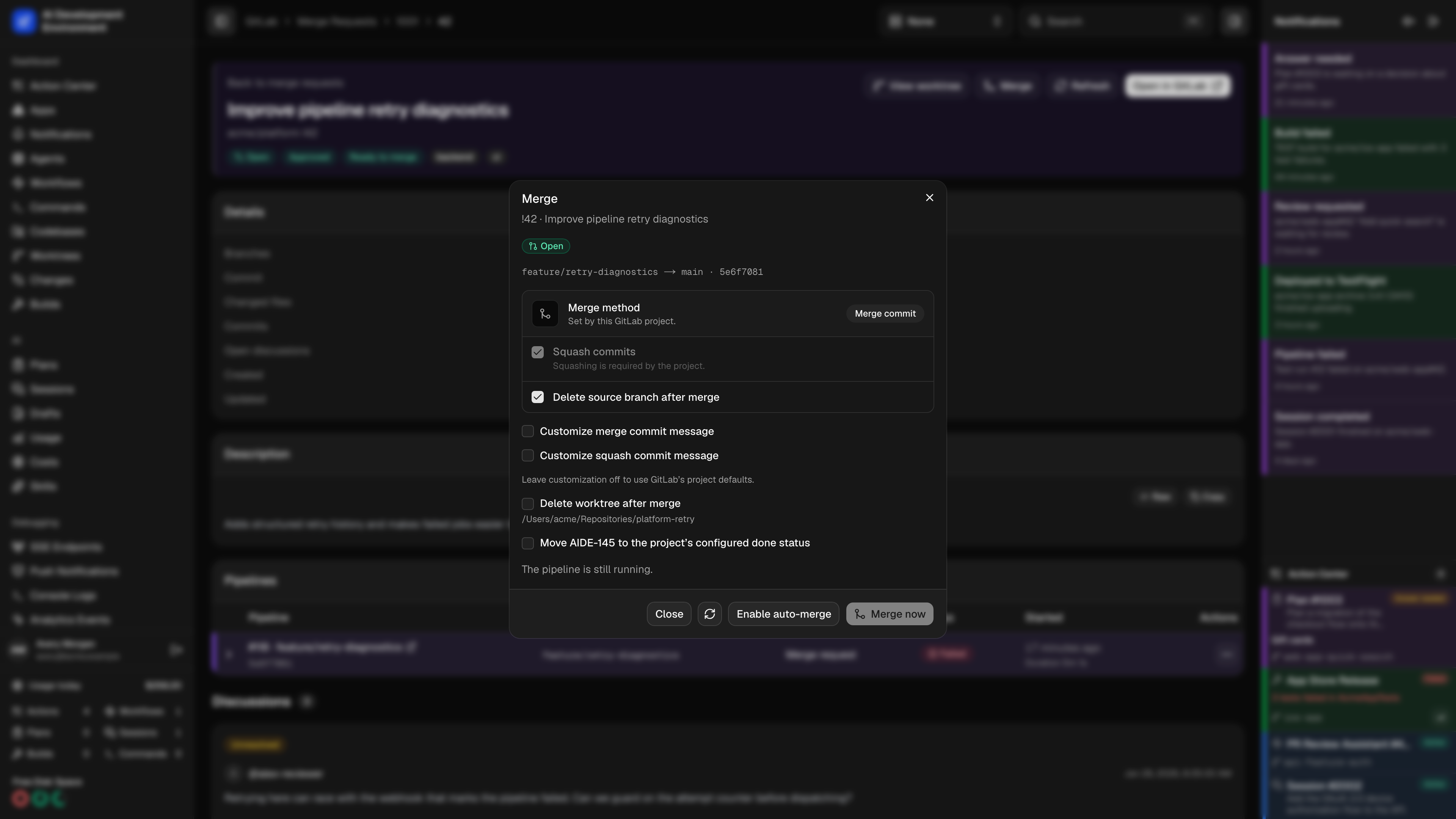 GitLab merge options and follow-ups in dark theme