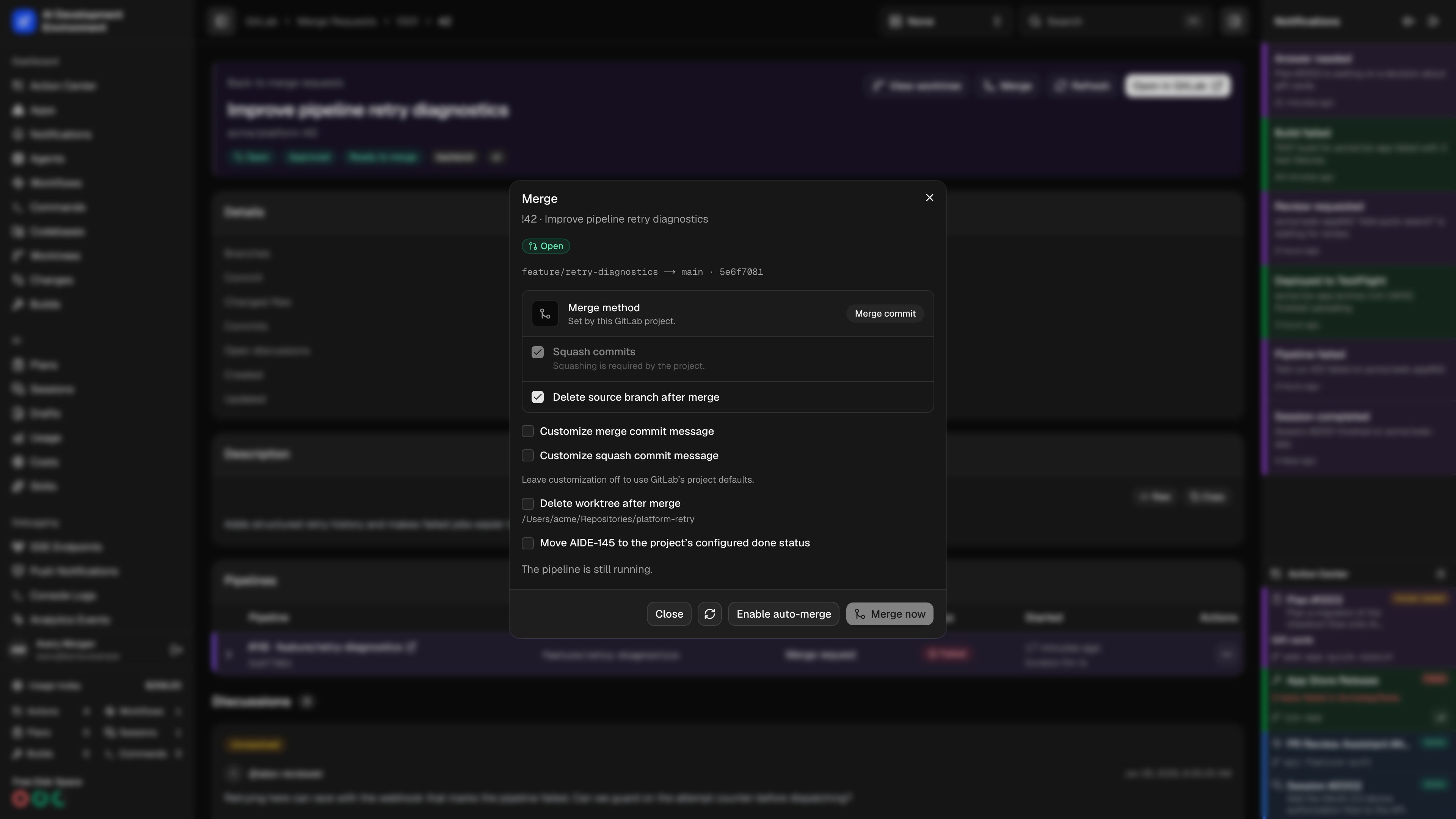 GitLab merge options and follow-ups in dark theme