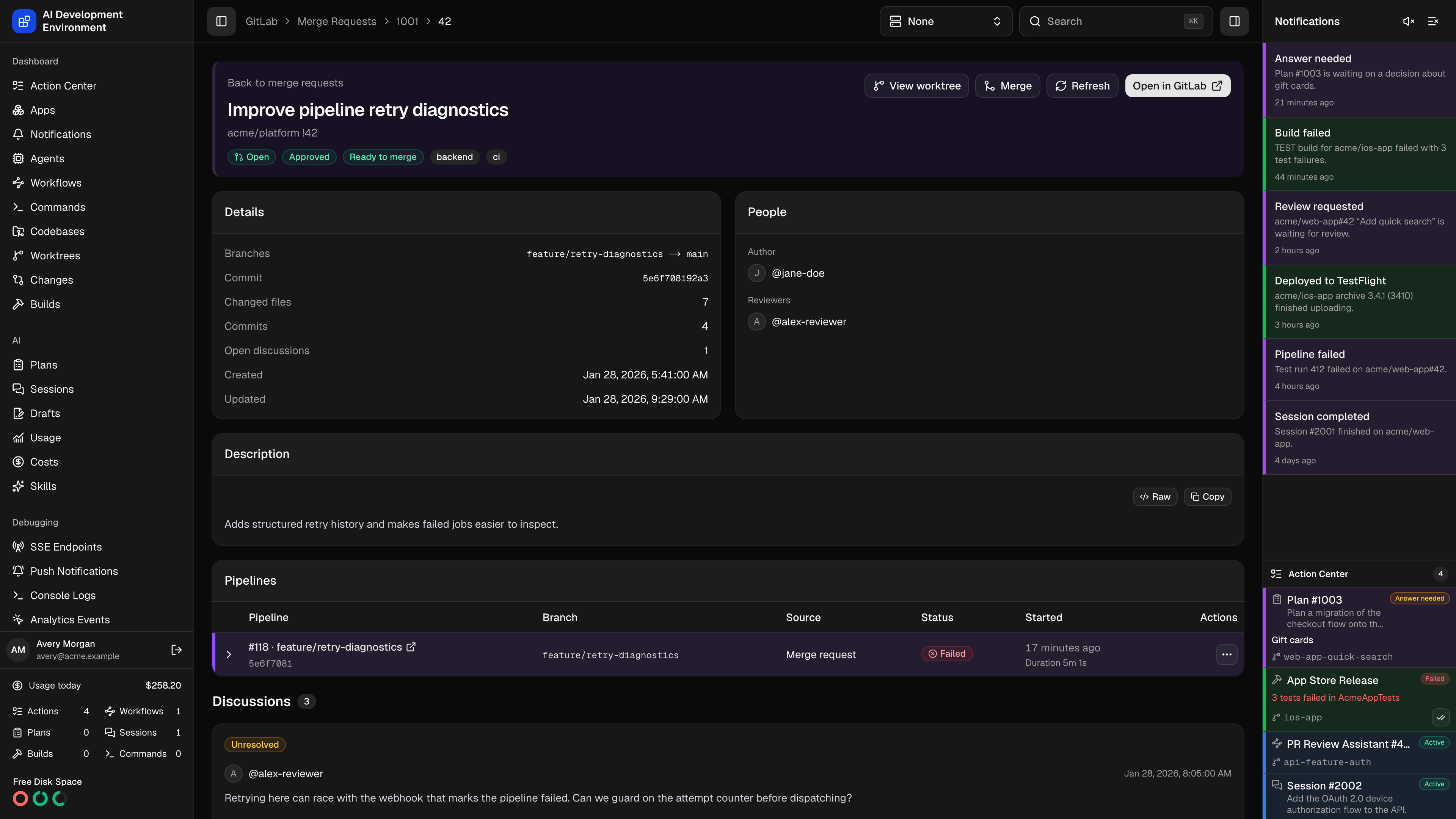 GitLab merge request details in dark theme