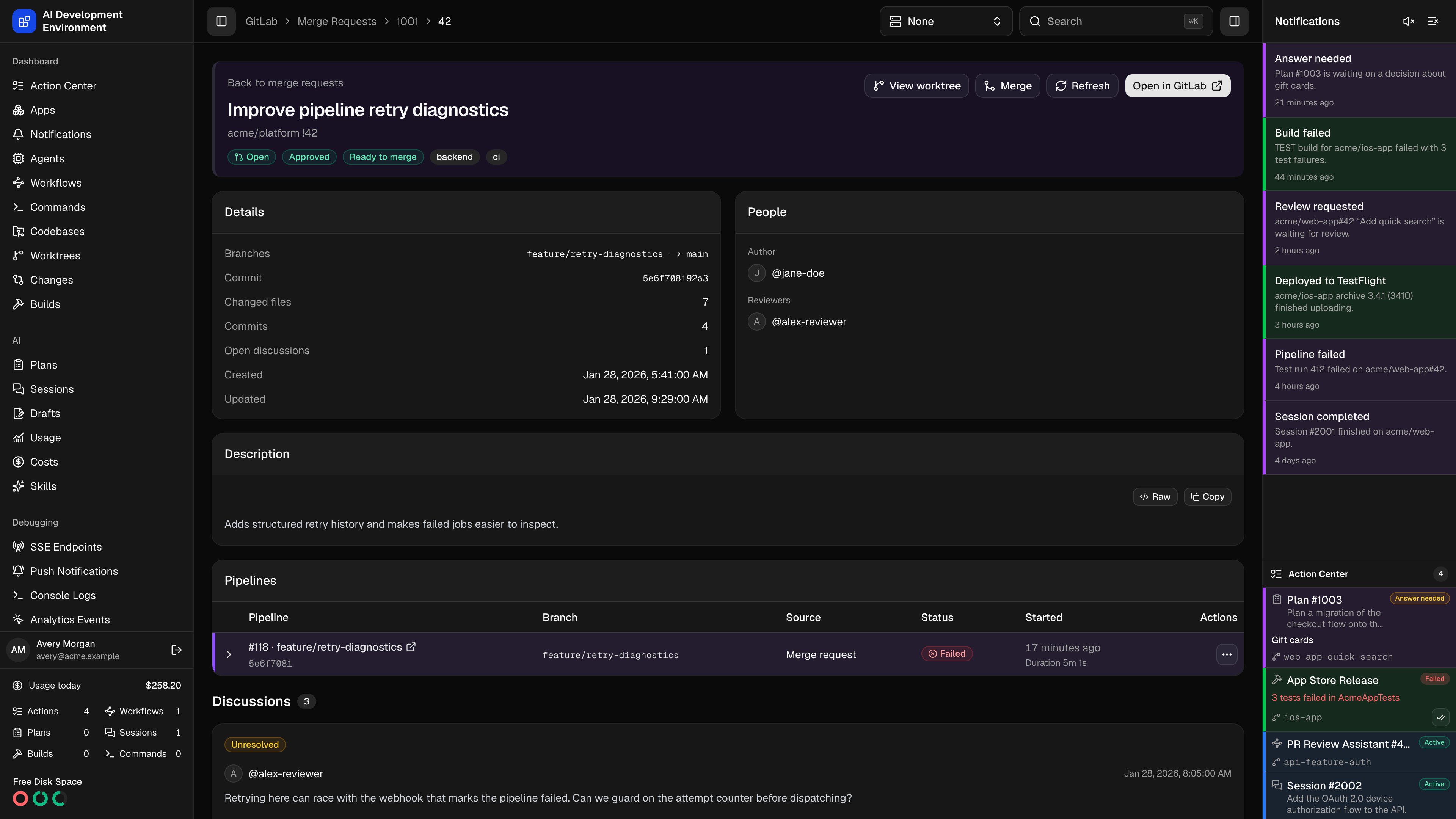 GitLab merge request details in dark theme