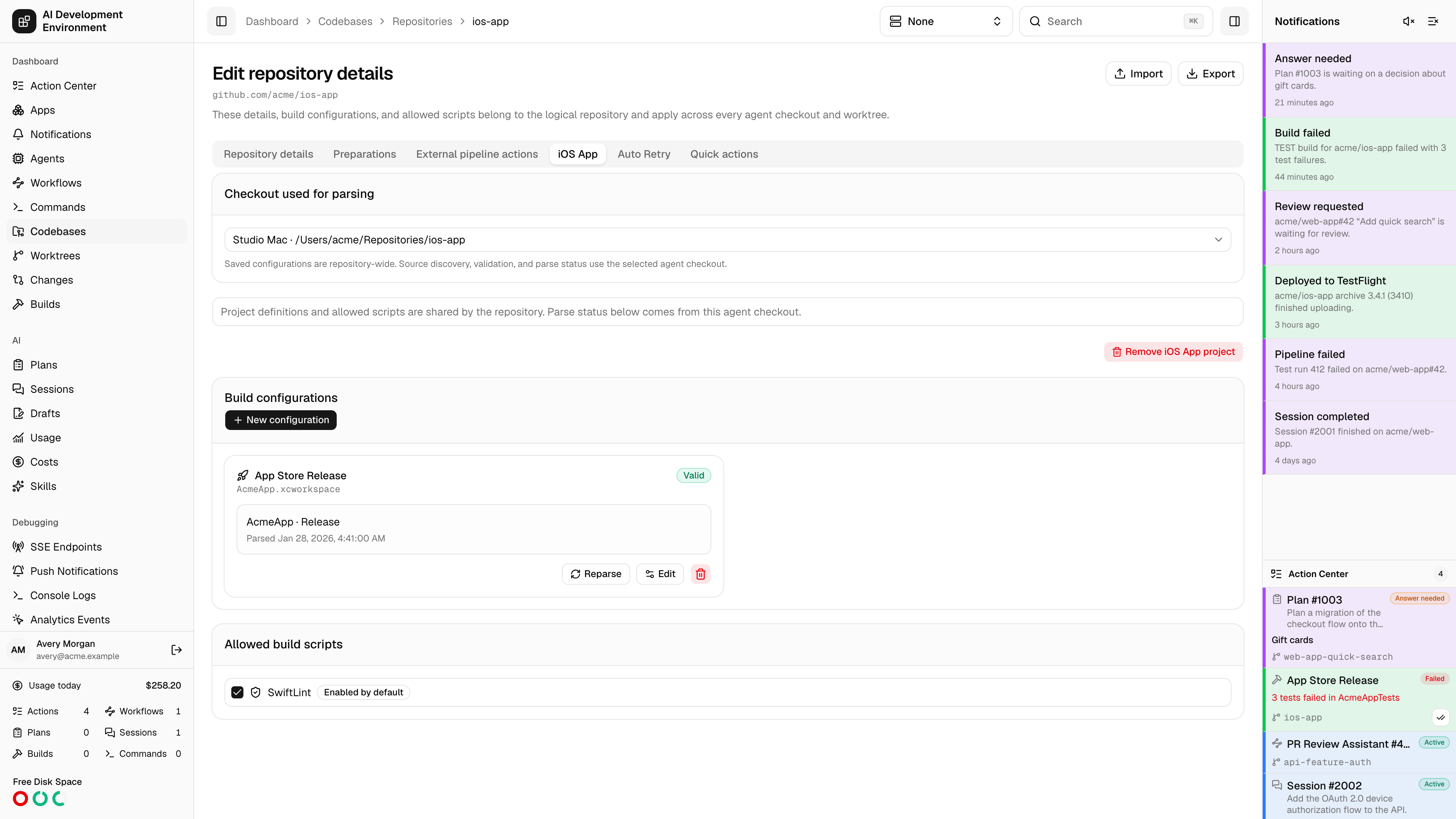 Repository iOS project with configuration validation and removal action