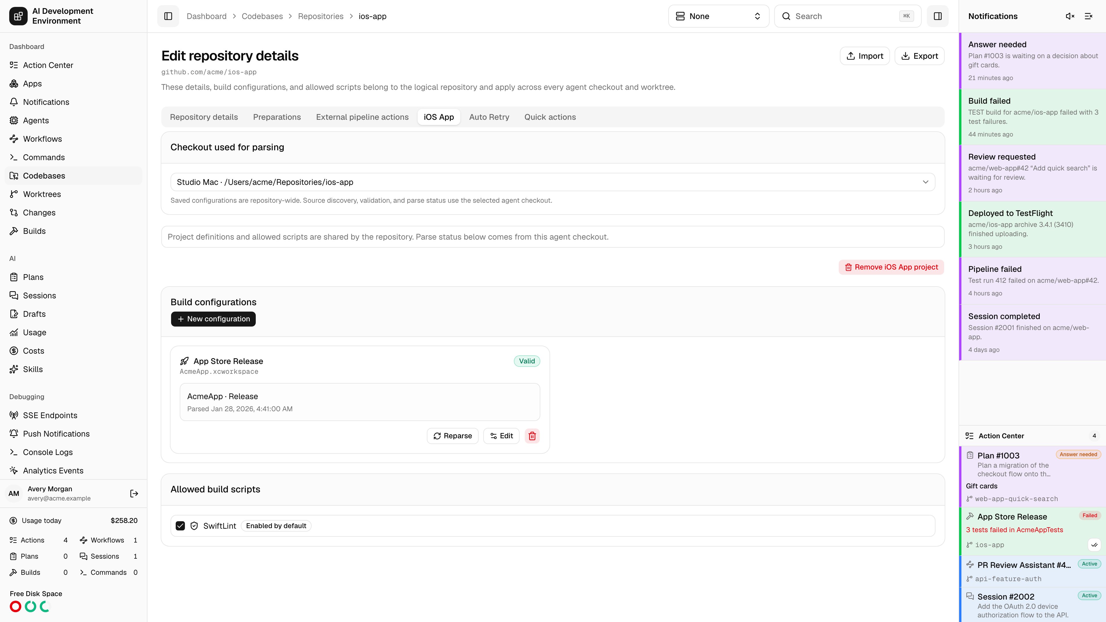Repository iOS project with configuration validation and removal action