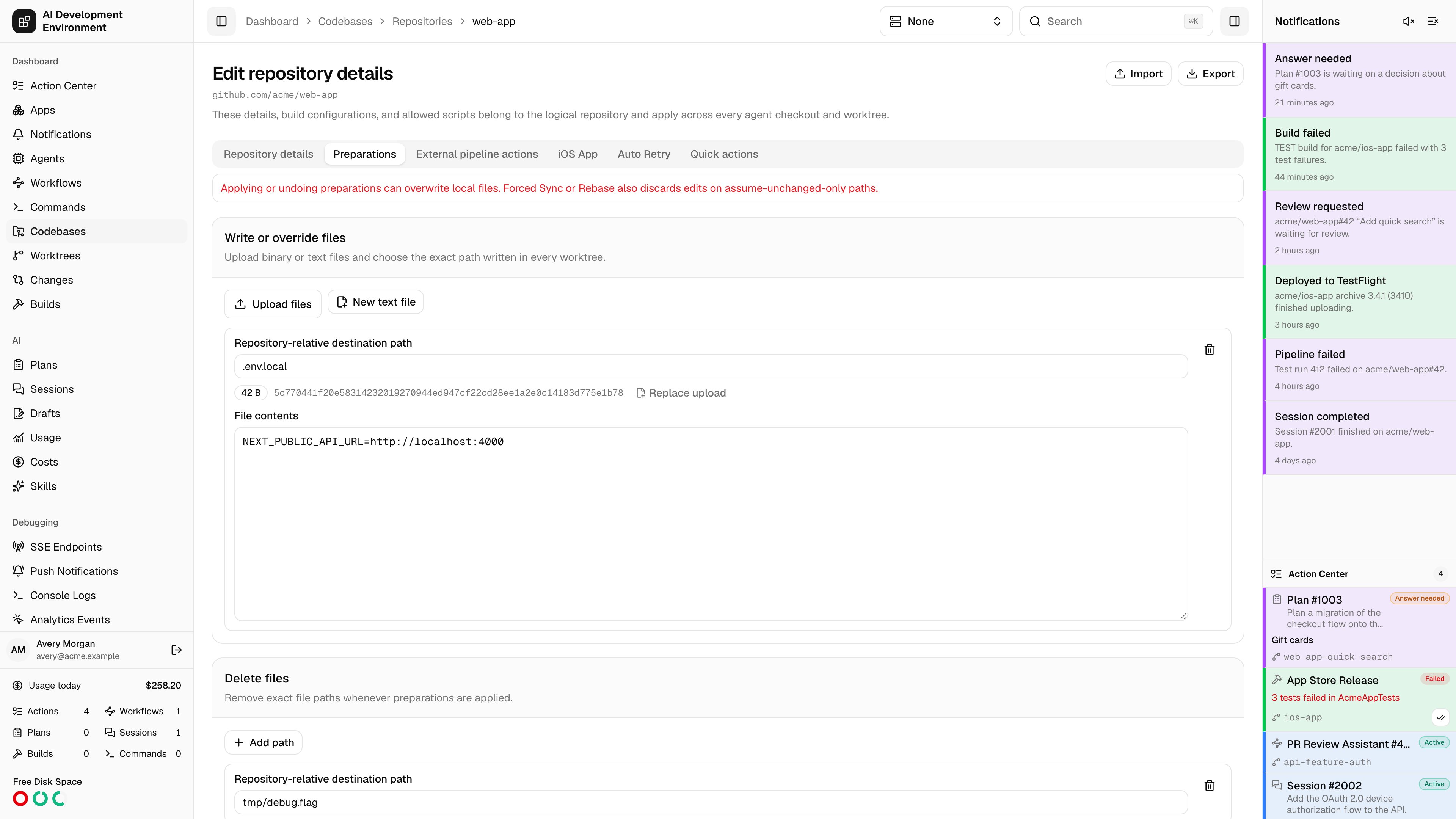 Repository Preparations tab in light theme