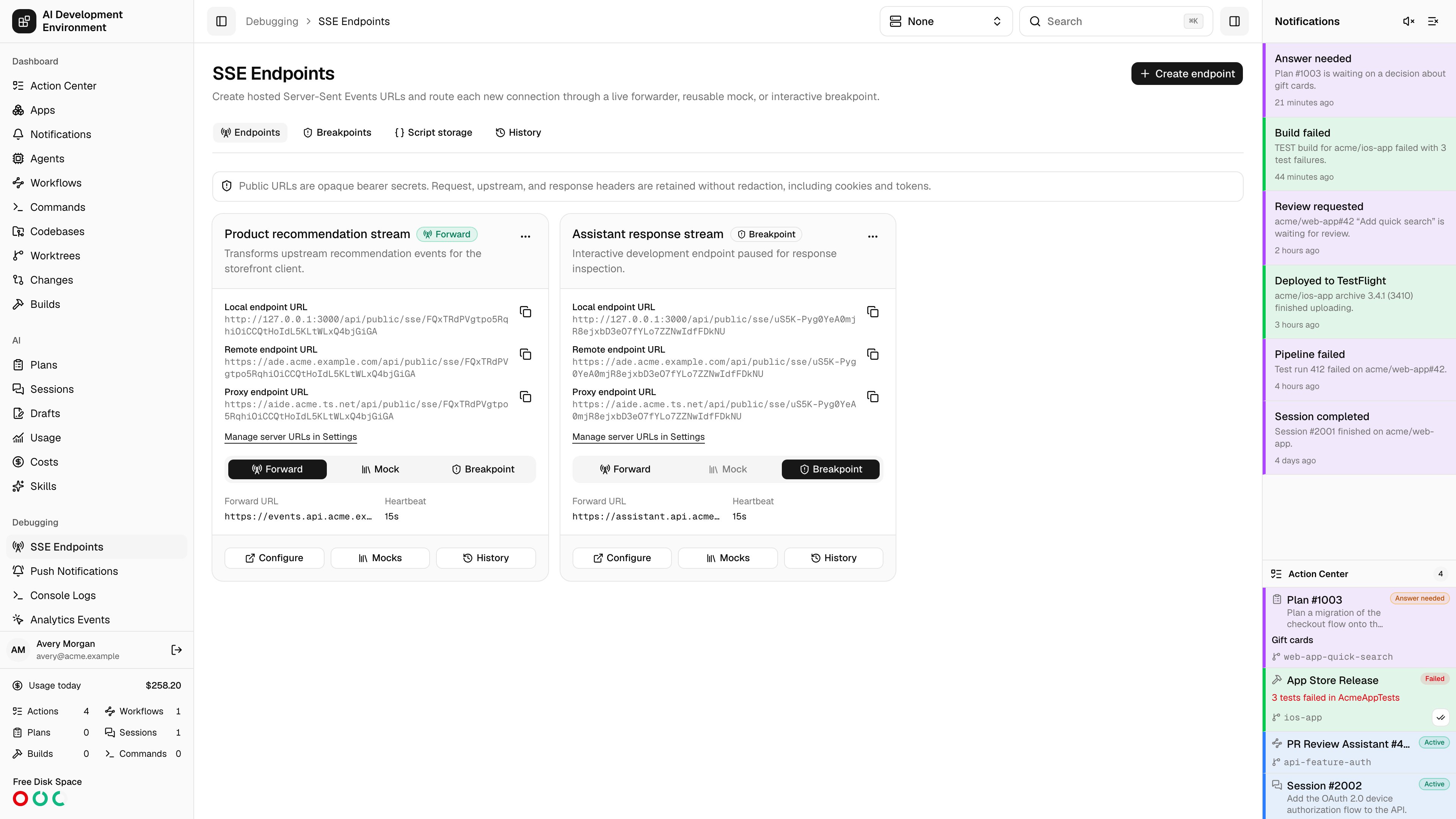 SSE Endpoints page in light theme