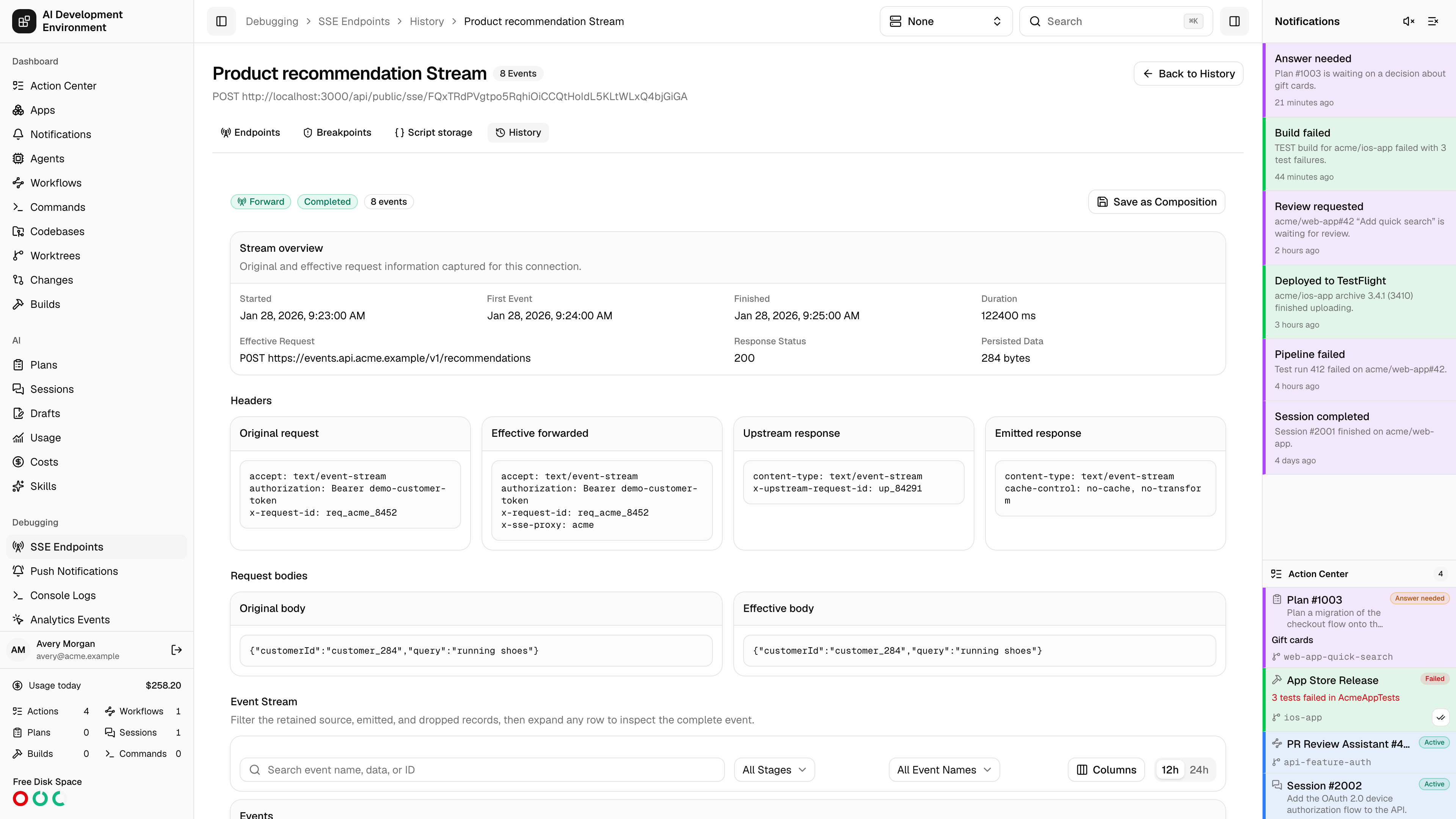 Dedicated SSE stream history page in light theme