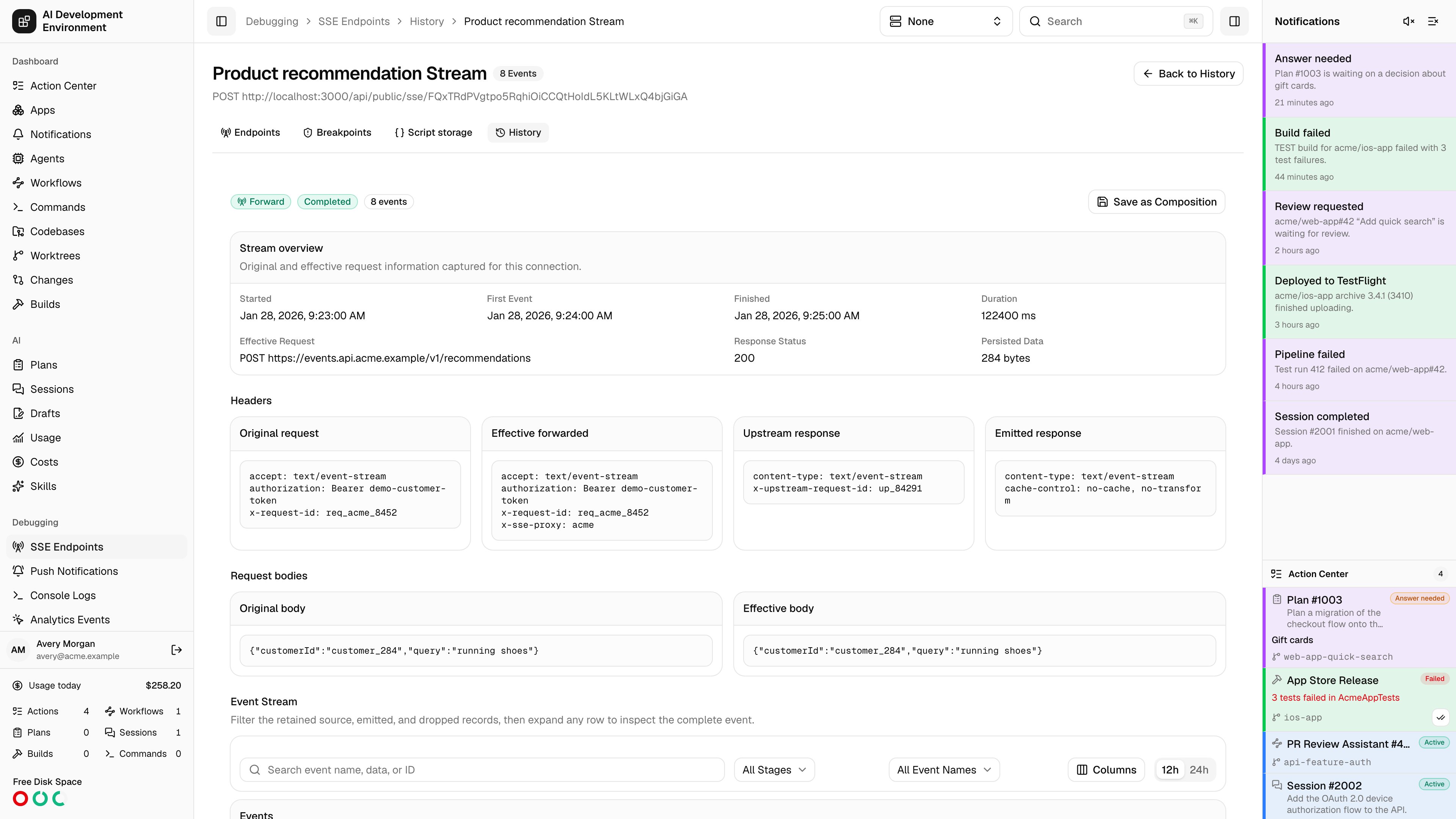 Dedicated SSE stream history page in light theme