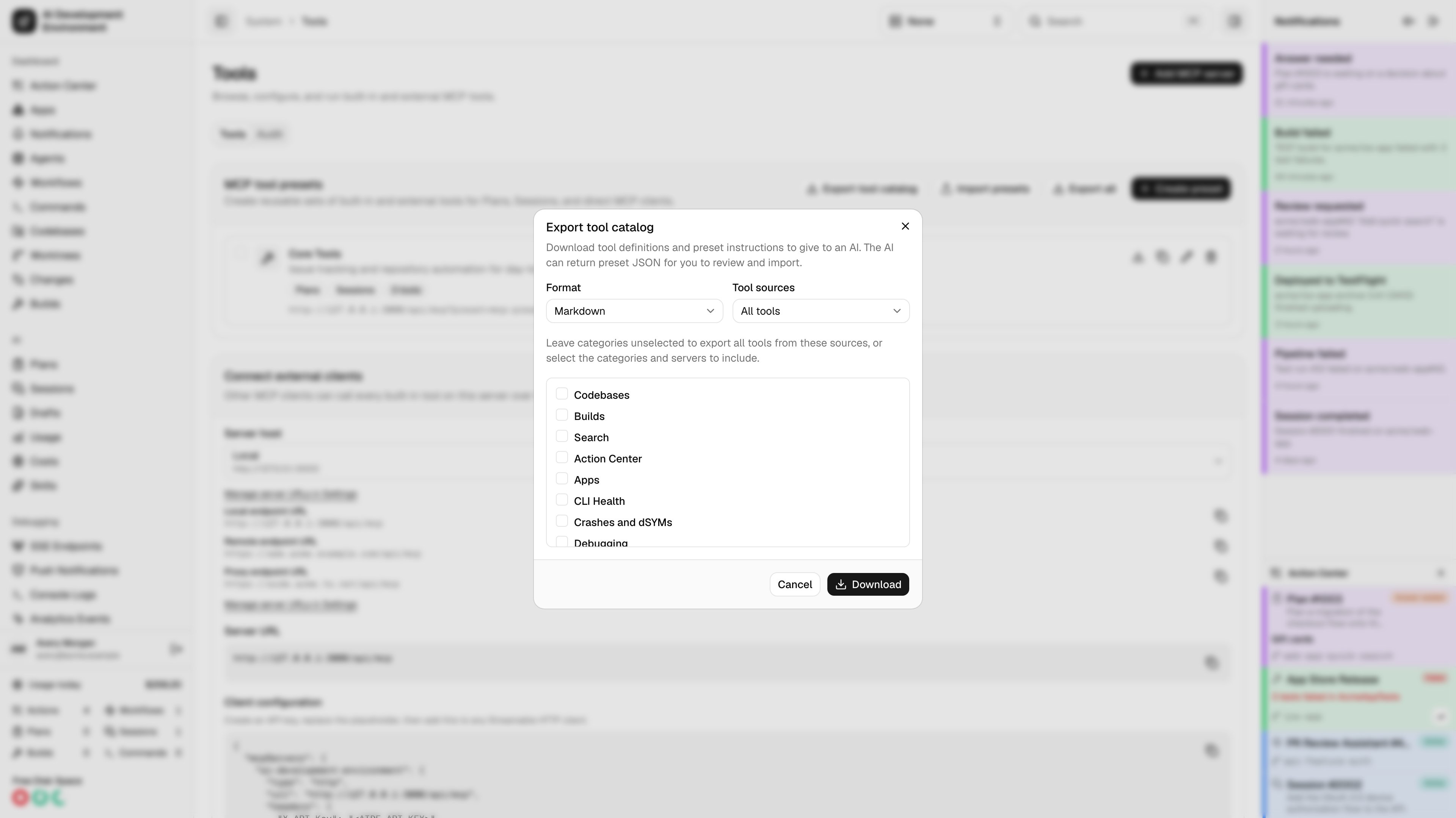Tool catalog export format and source selection in light theme