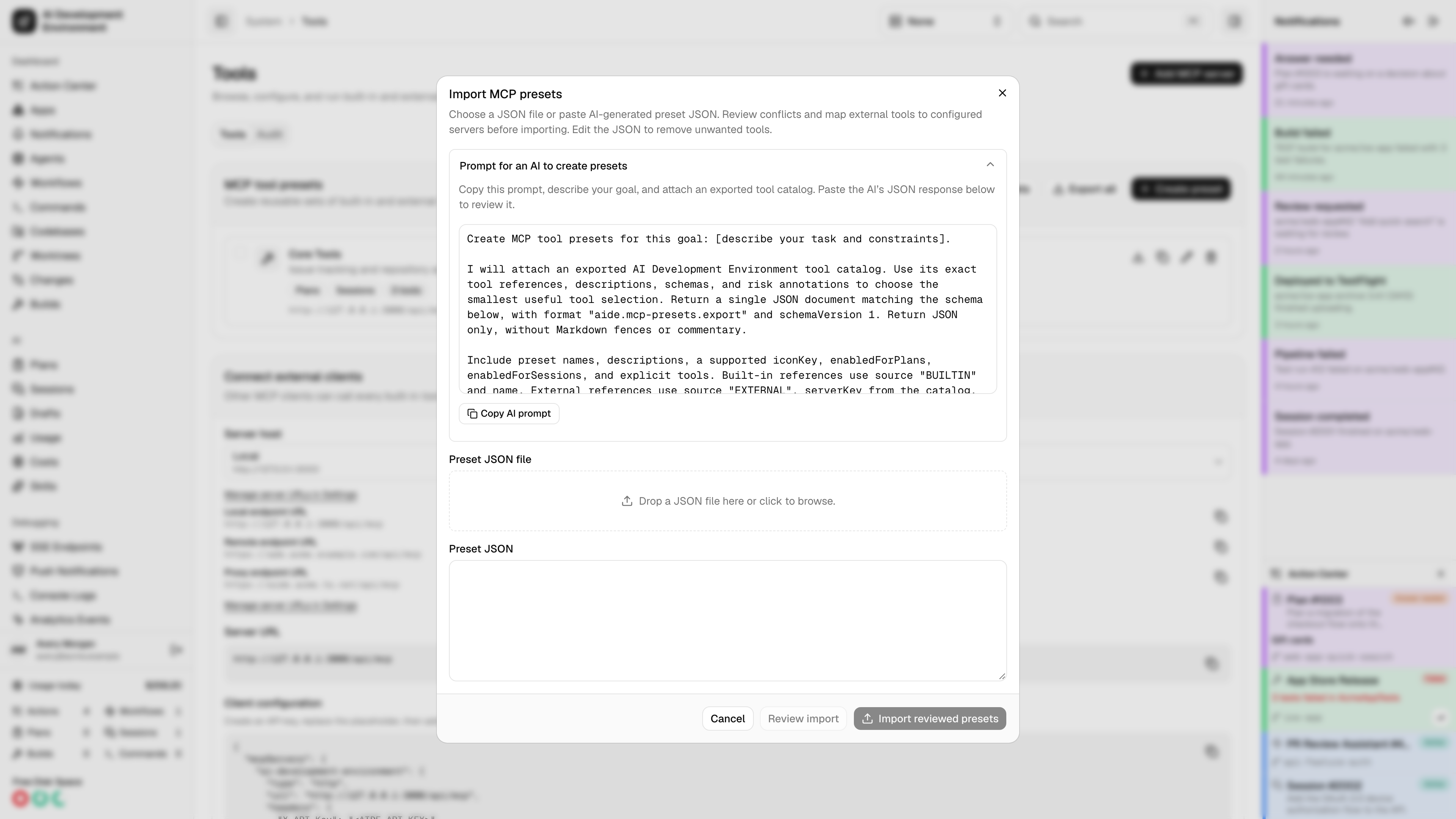 Expandable AI preset prompt with copy action in light theme
