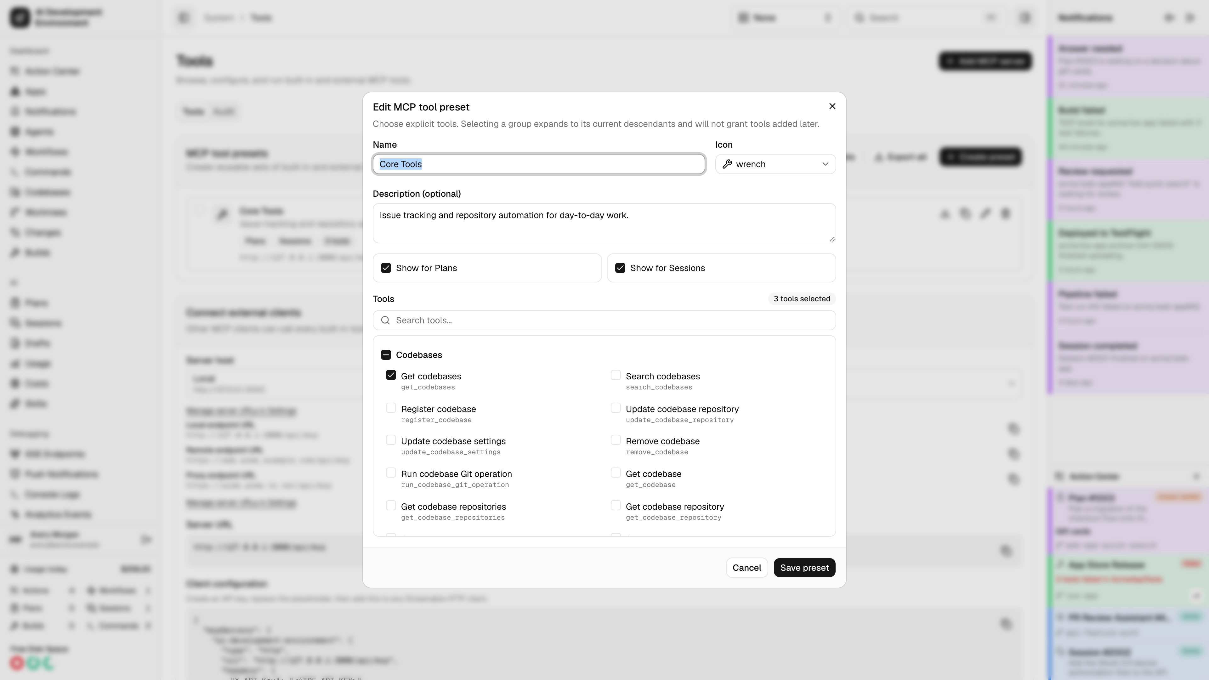 MCP preset editor with built-in and external tool selections in light theme