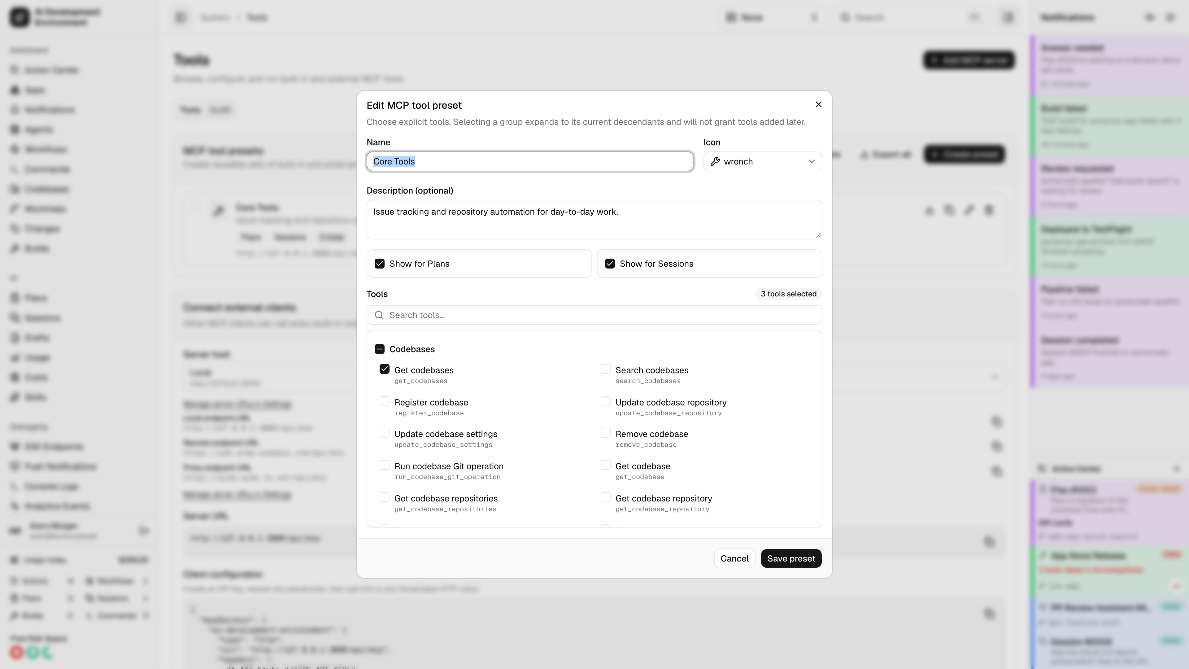 MCP preset editor with built-in and external tool selections in light theme