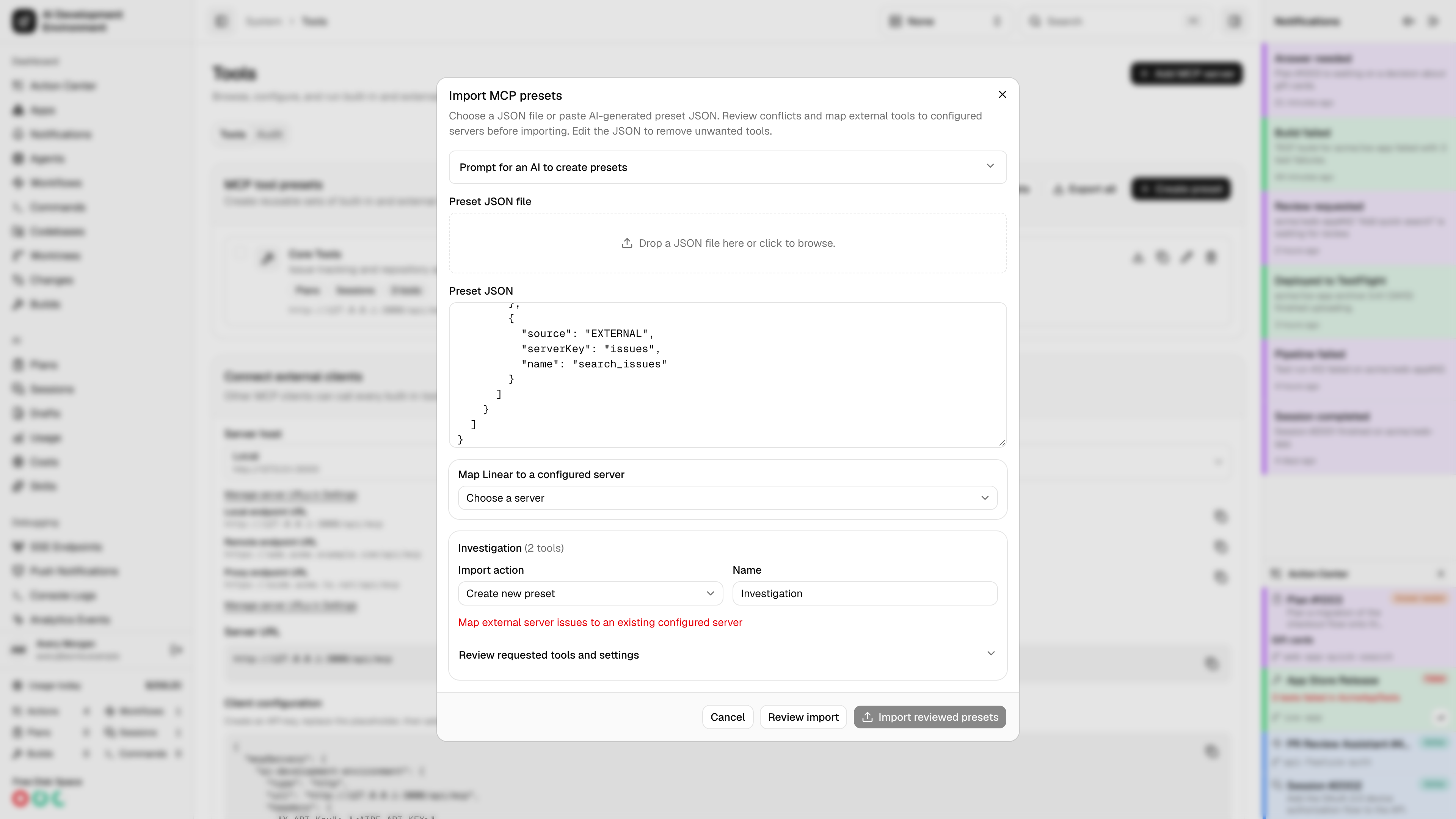 MCP preset import review and server mapping in light theme