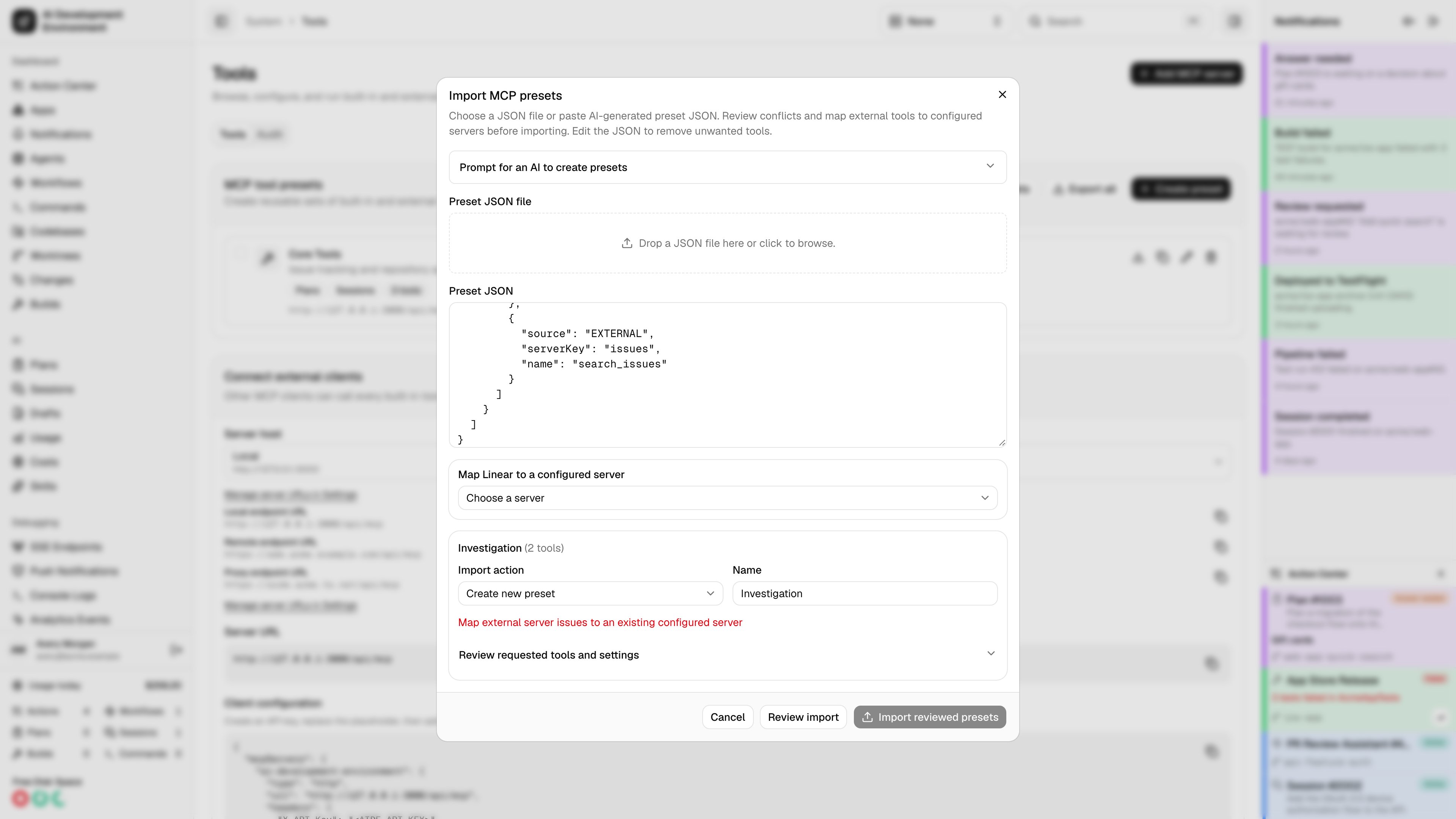 MCP preset import review and server mapping in light theme