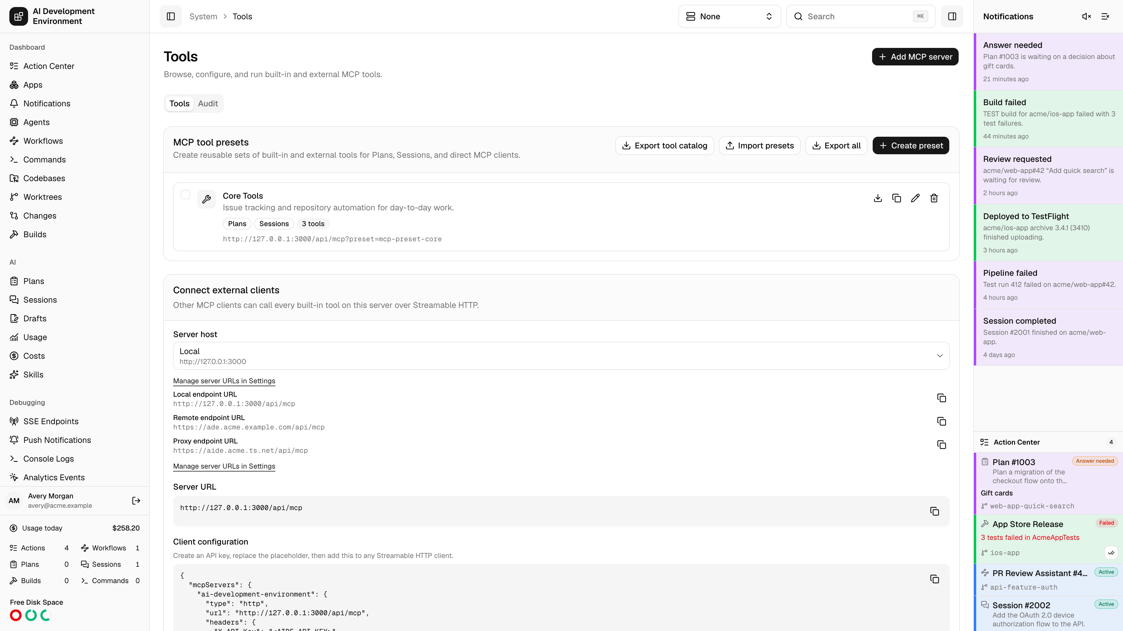 Tools page in light theme