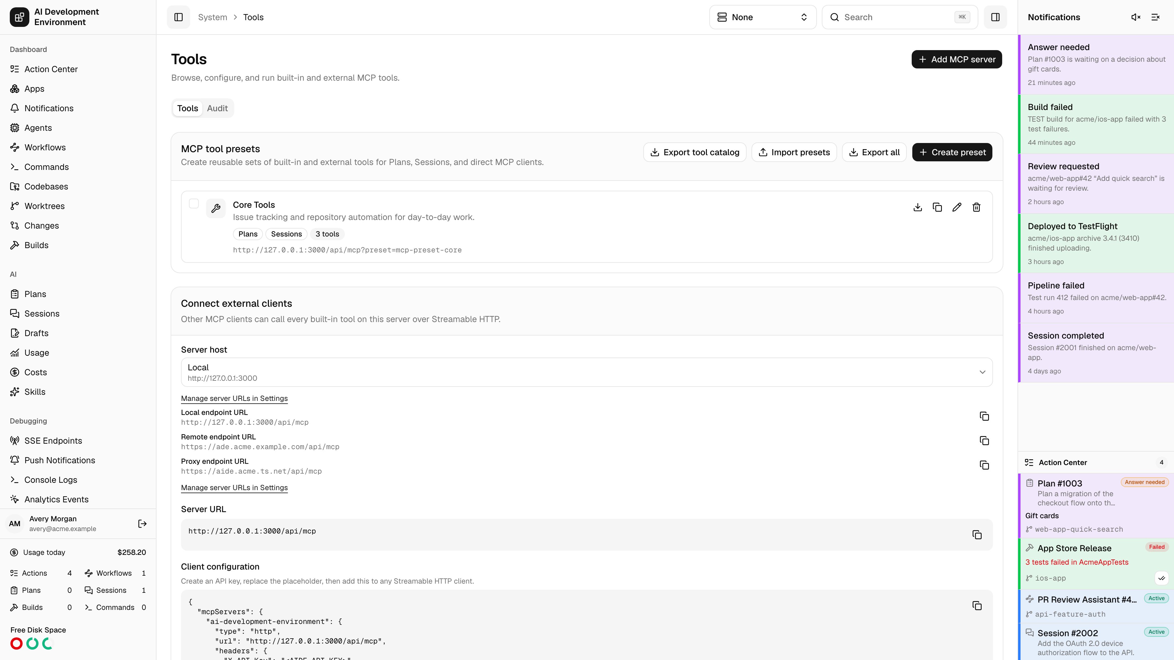 Tools page in light theme
