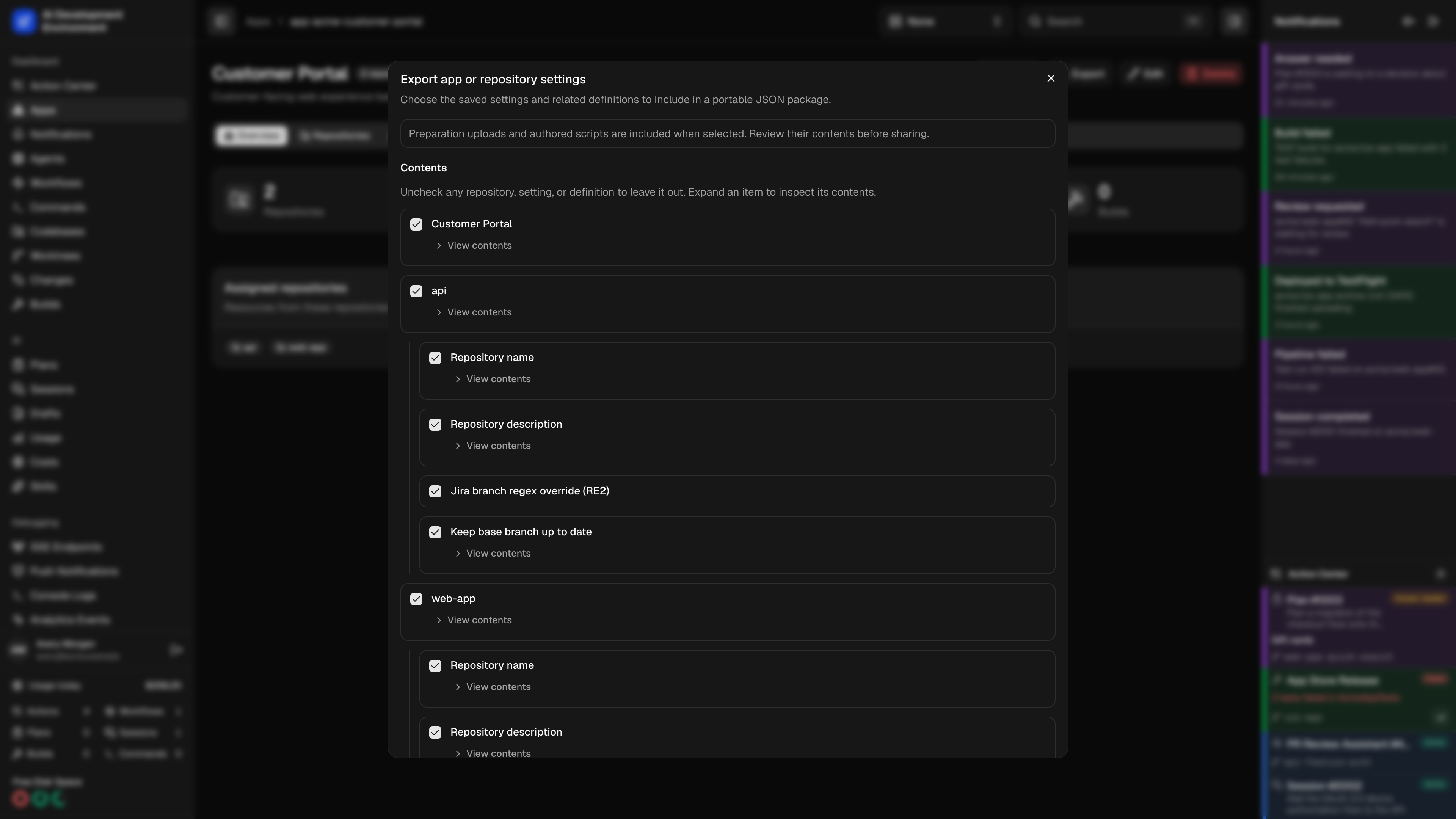 App export with selectable repository settings in dark theme