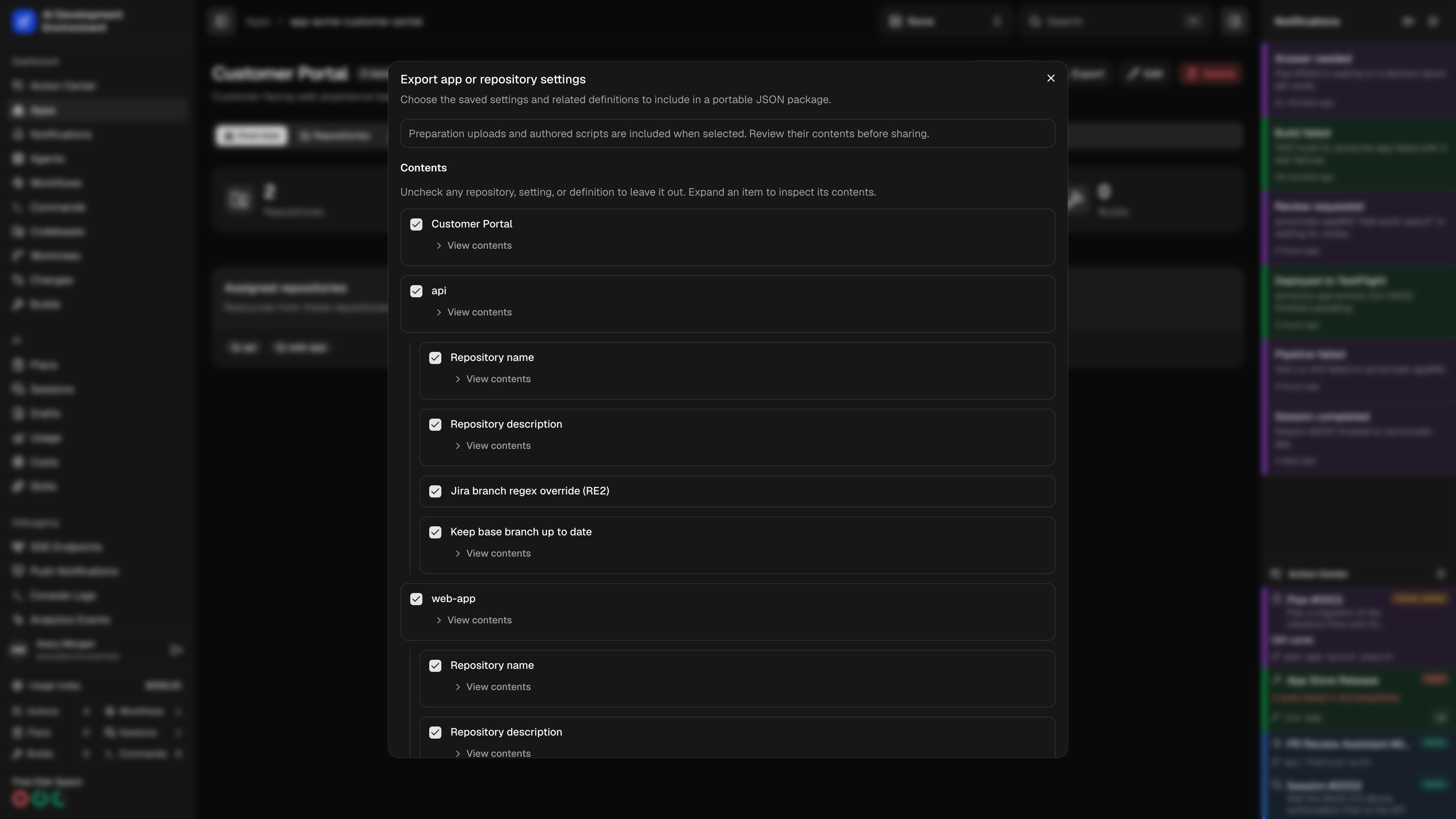 App export with selectable repository settings in dark theme