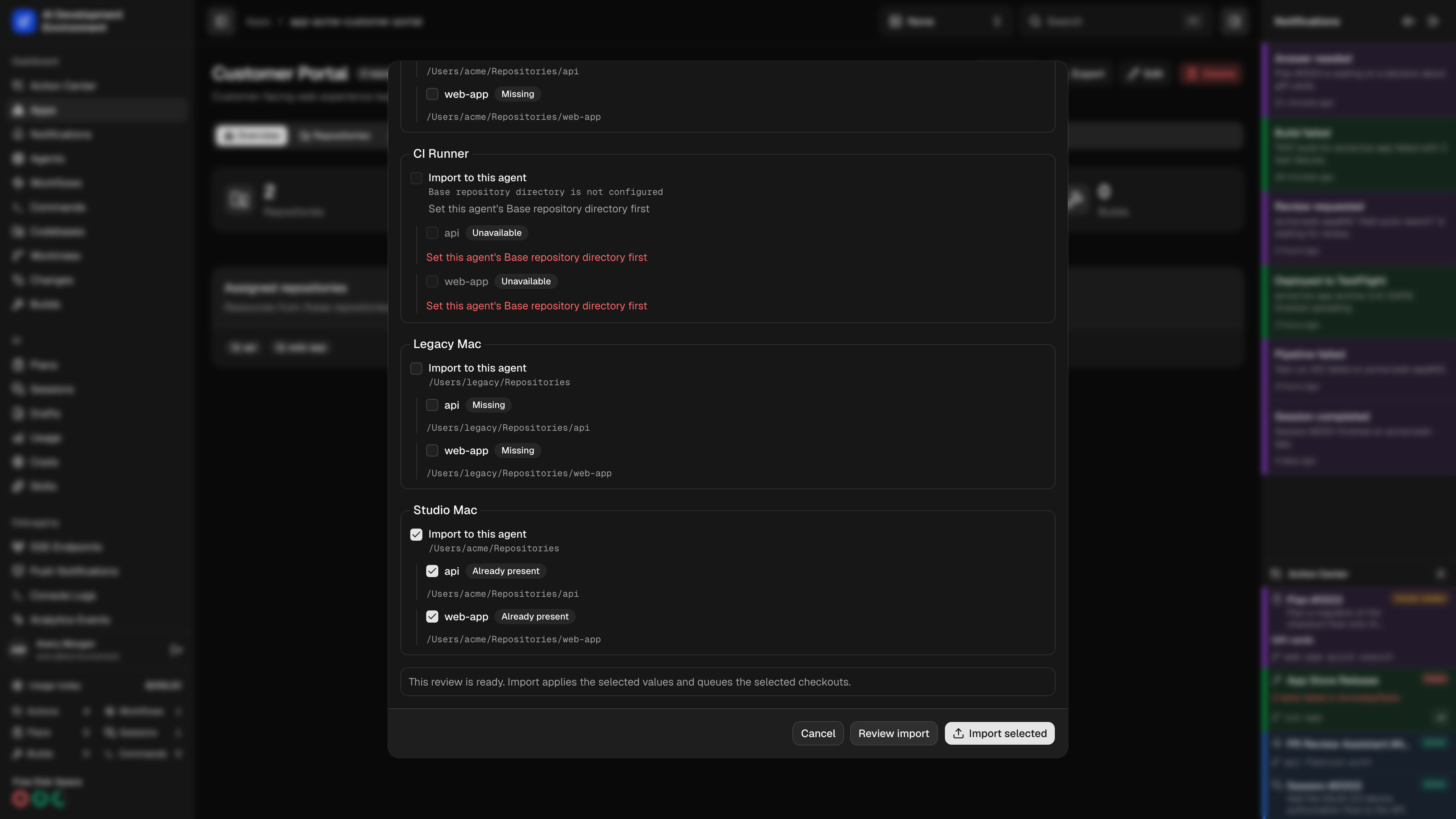 Selecting an import agent with repositories already present in dark theme