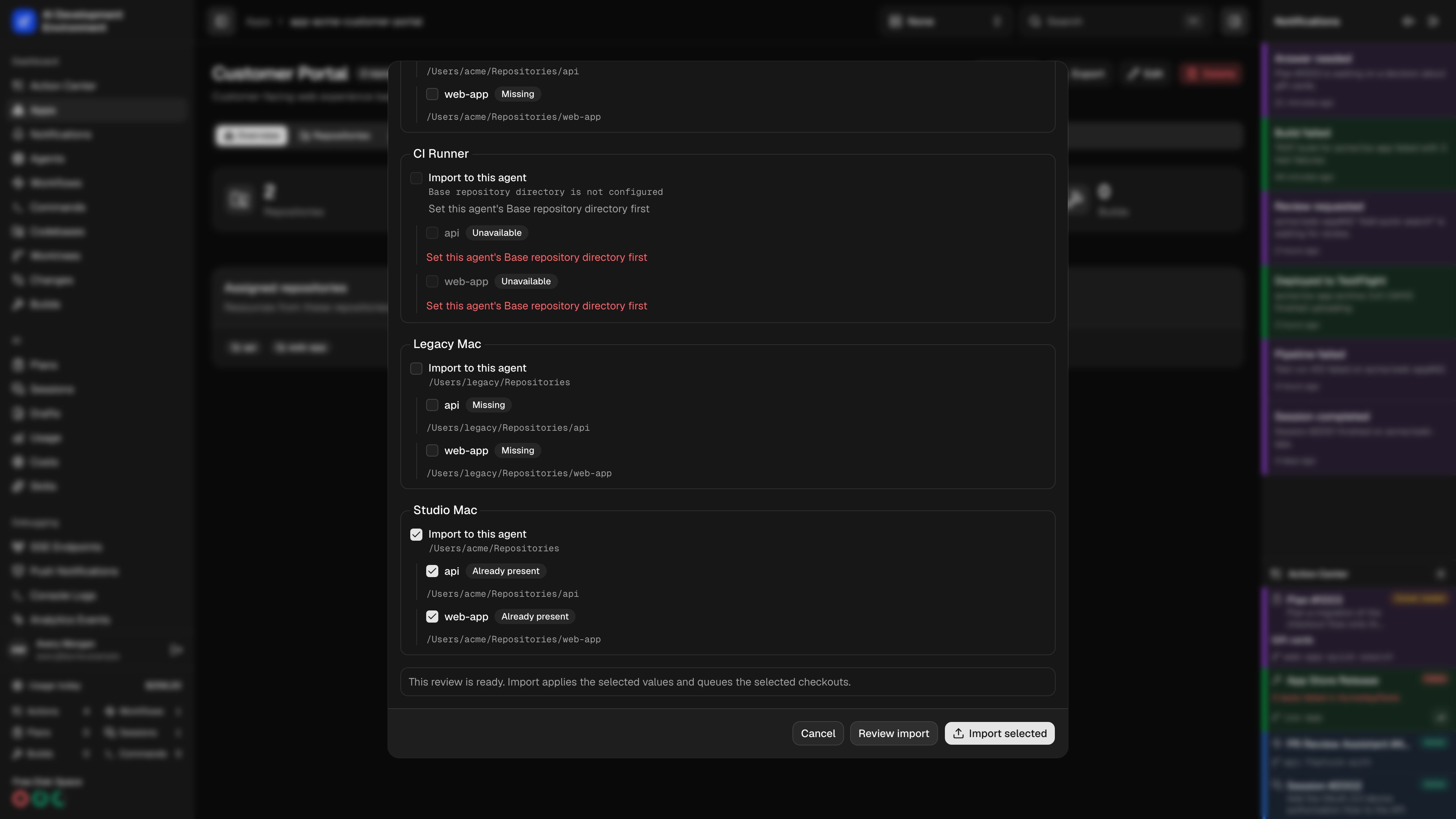 Selecting an import agent with repositories already present in dark theme