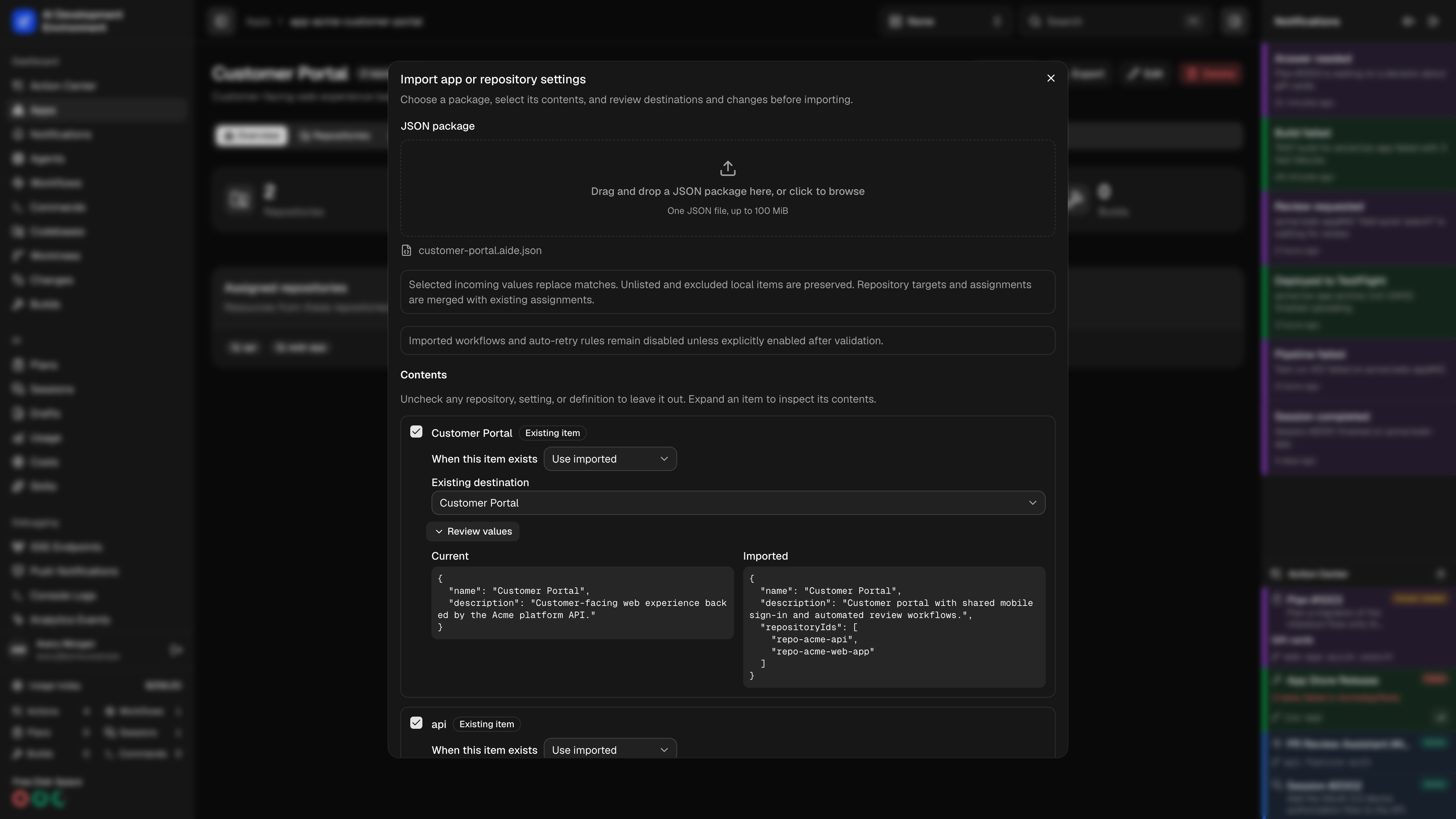 Import review showing current values and selected changes in dark theme