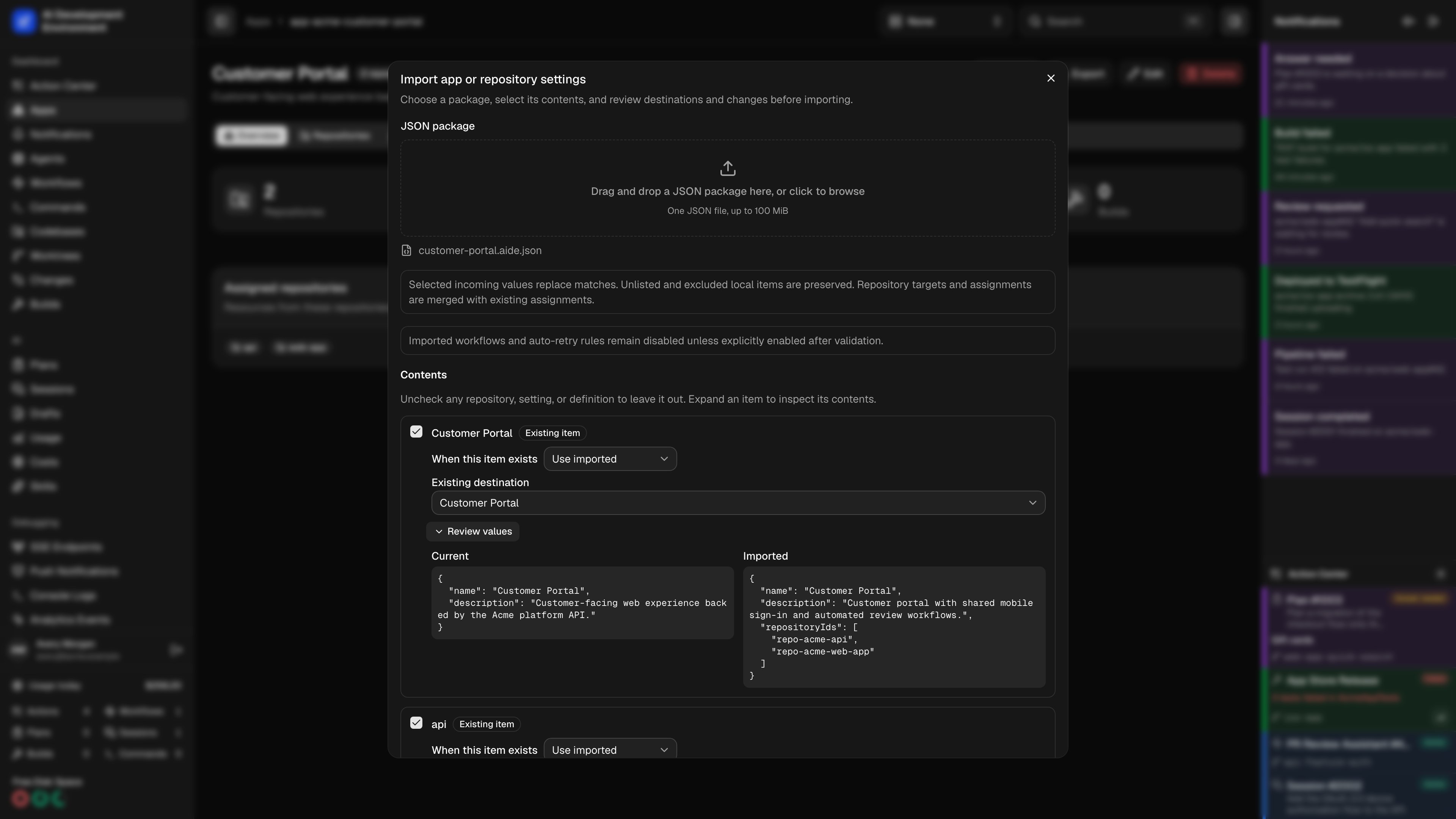 Import review showing current values and selected changes in dark theme